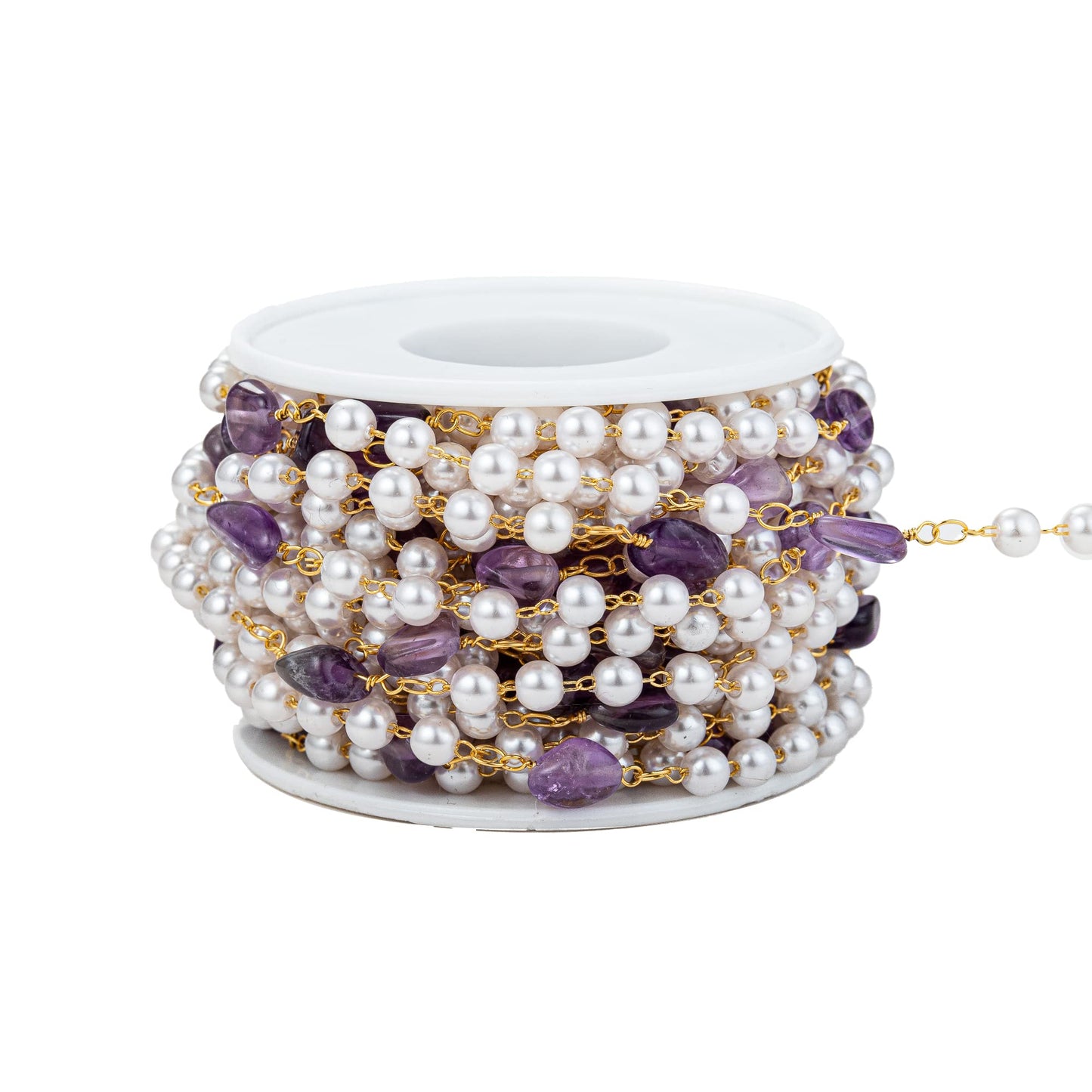 YoungJewl 2 Yards 5 mm Faux Pearl Crystal Stone Rosary Beads Garland with Brass Chain for Jewelry Making DIY Bracelet Necklace Sewing Crafts(Purple)