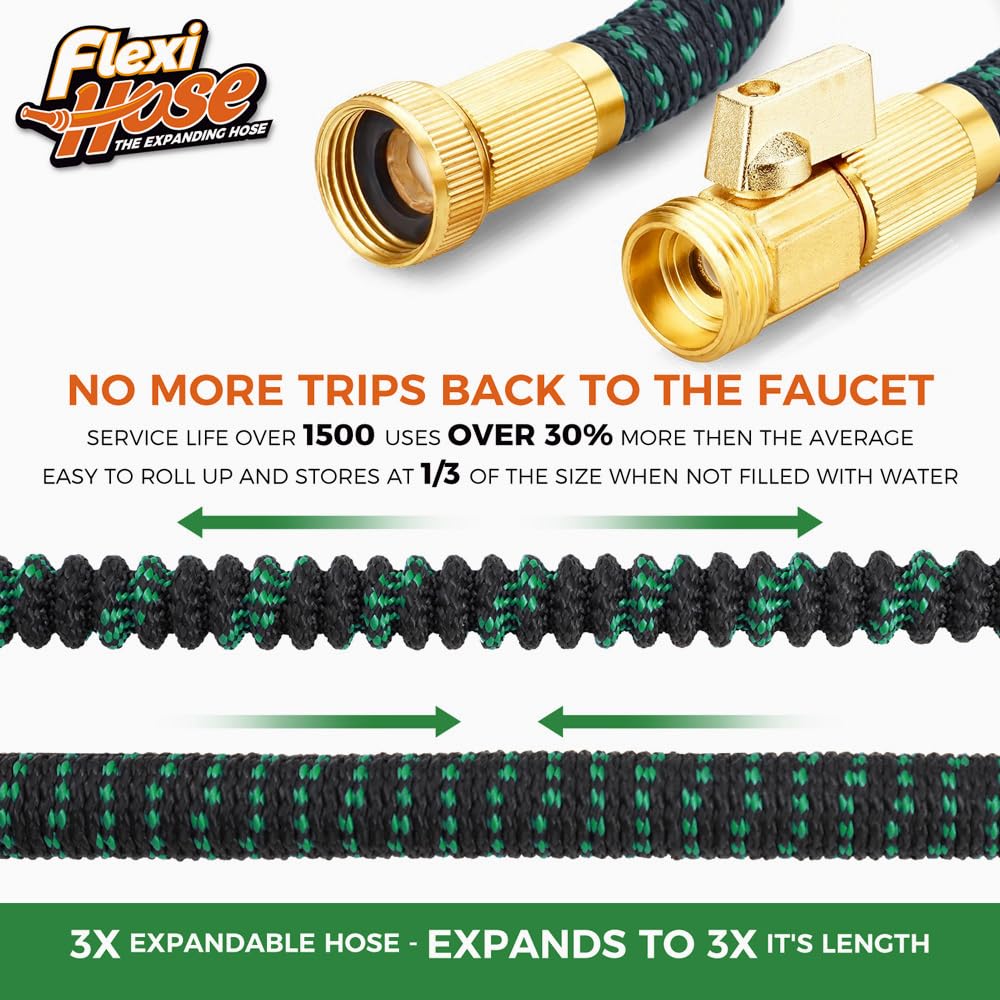 Flexi Hose with 8 Function Nozzle, 50FT - Lightweight Expandable Garden Hose, No-Kink Flexibility, 3/4 Inch Solid Brass Fittings and Double Latex Core - Green