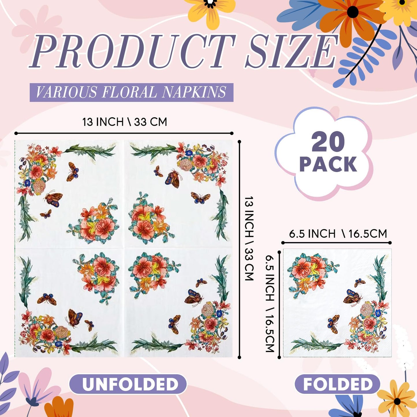 Crtiin 20 Pack Decoupage Napkins Floral Napkins Flower Cocktail Paper Decorative Toilet for Valentine's Day Birthday Party Beautiful Gorgeous, 20 Styles Each 6.5 Inches(Style 1)