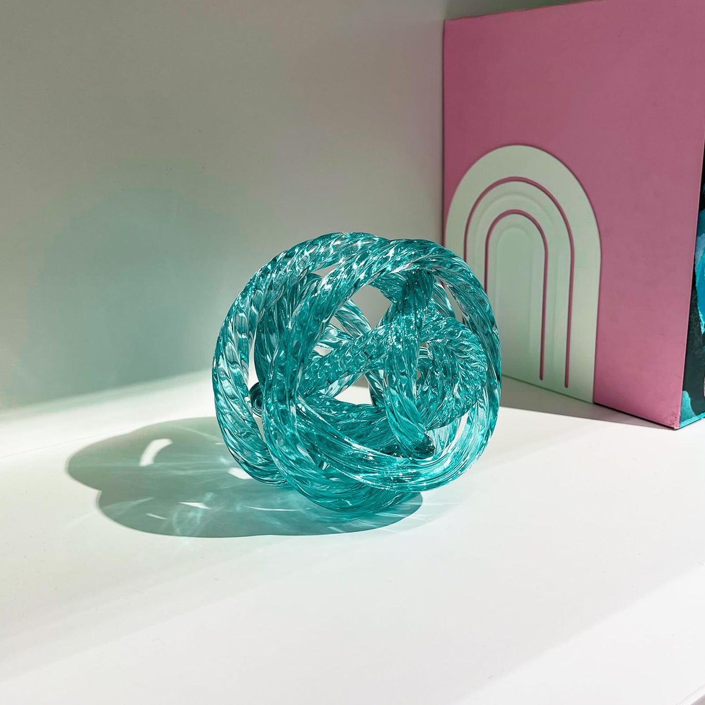 ORRFIDDY Glass Knot Teal Orbit Ball - 5 Inch Hand Blown Infinity Sculpture Decor Glass Orbit Home Decor Table Decoration Interio Art