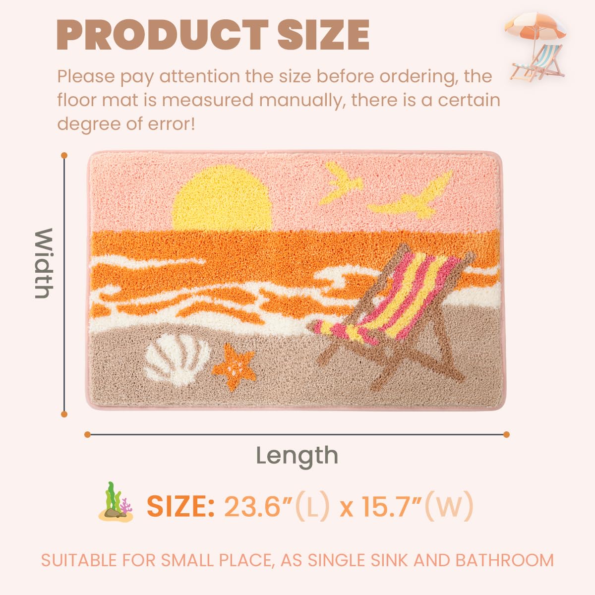 Cute Beach Bath Rug Super Absorbent Non Slip Modern Bathroom Mat Machine Washable Fluffy Carpet for Tub, Shower and Bedroom (Pink Beach, 23"x16")