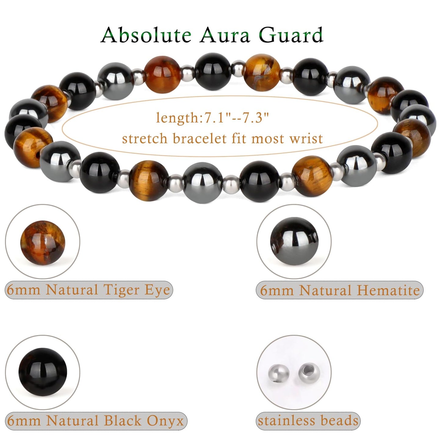QOGIR Triple Protection - Onyx Hematite Tiger - Stainless Silver Beads Natural Gemstone Stretch Elastic Dainty Healing Beaded Bracelets Gifts 4mm