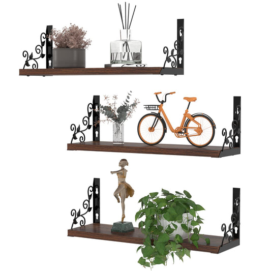 Lavezee Vintage Floating Shelves Set with Metal Vine Leaf Plants Shape for Wall Decor, Black and Rustic Wooden Decorative Wall Shelf for Living Room, Bedroom, Bathroom, 3 Packs
