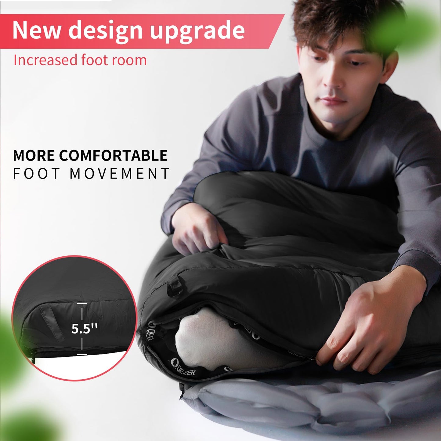 QEZER Down Sleeping Bag for Adults 600 Fill Power Down Sleeping Bag Cold Weather Ultralight Sleeping Bag with Compression Sack for Backpacking, Camping, Hiking (500g Down Filling-Black-Right Zip)