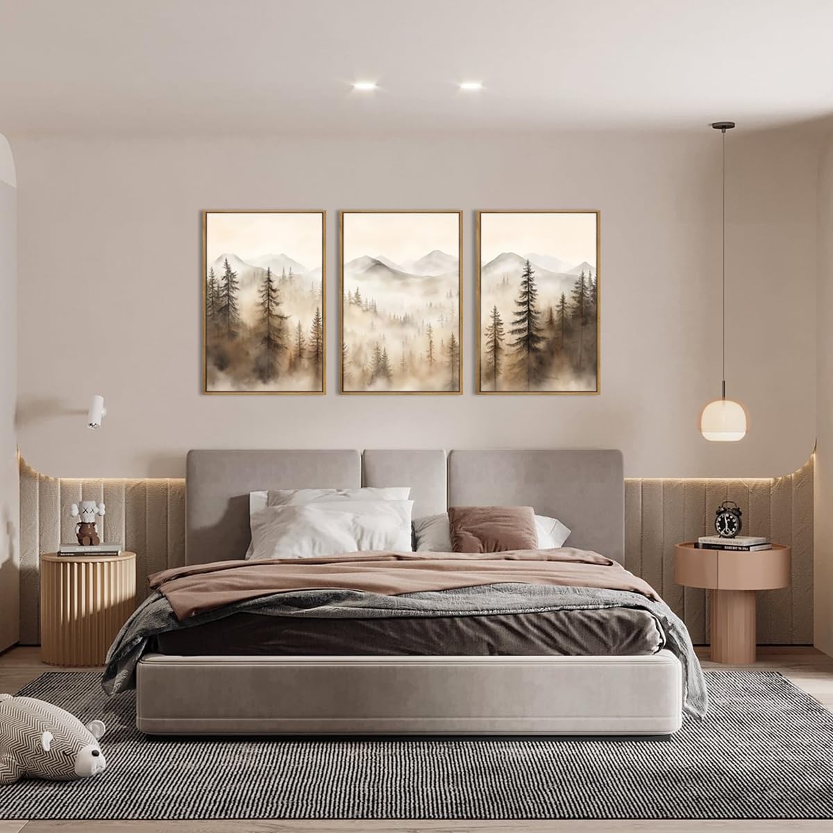 IARTTOP Large Mountain Forest Framed Canvas Wall Art 16x24 Inch Set of 3 Abstract Misty Woodland Painting Modern Farmhouse Art Prints for Living room Dining room