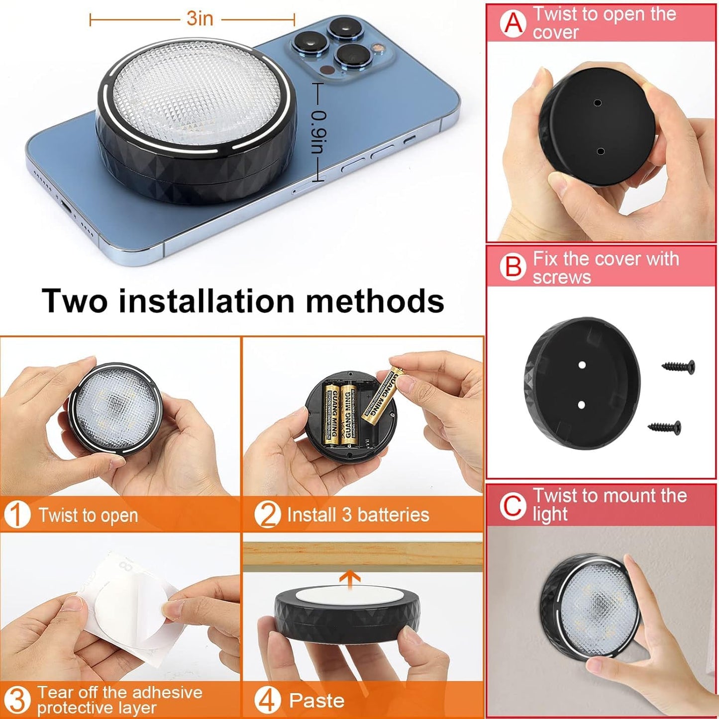 LED Puck Lights with Remote Battery Operated Under Cabinet Lighting Wireless Stick on Lights Color Changing Timer Tap Lights for Cabinets Shelves Closets Display Case - 6Pack Black