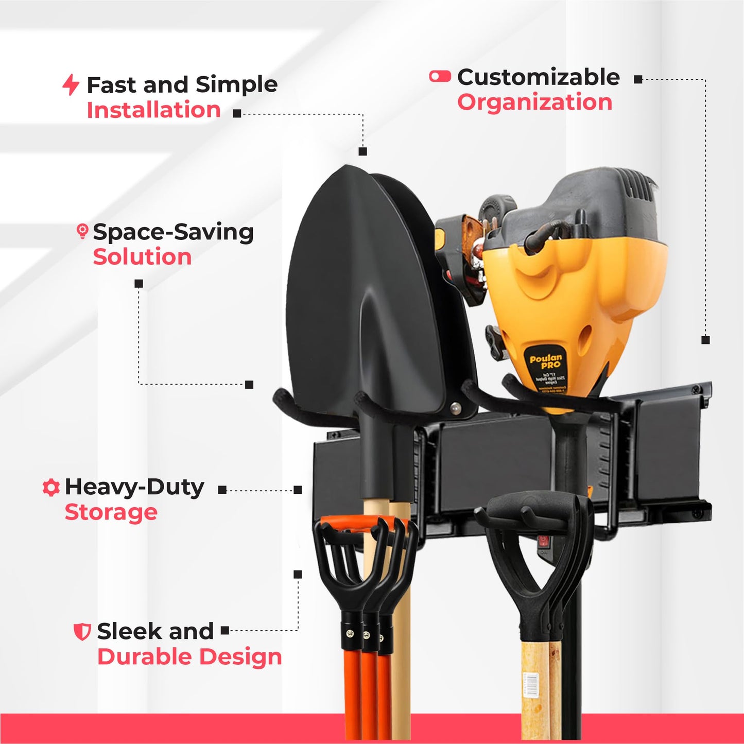 TIDYME Garage Wall Organizer | 48" Heavy-Duty Tool Storage Rack | Adjustable Double-Layer Hooks | 300 lbs Capacity | Carbon Steel Wall Mount Holder for Shovels, Rakes, Ladders & Power Tools