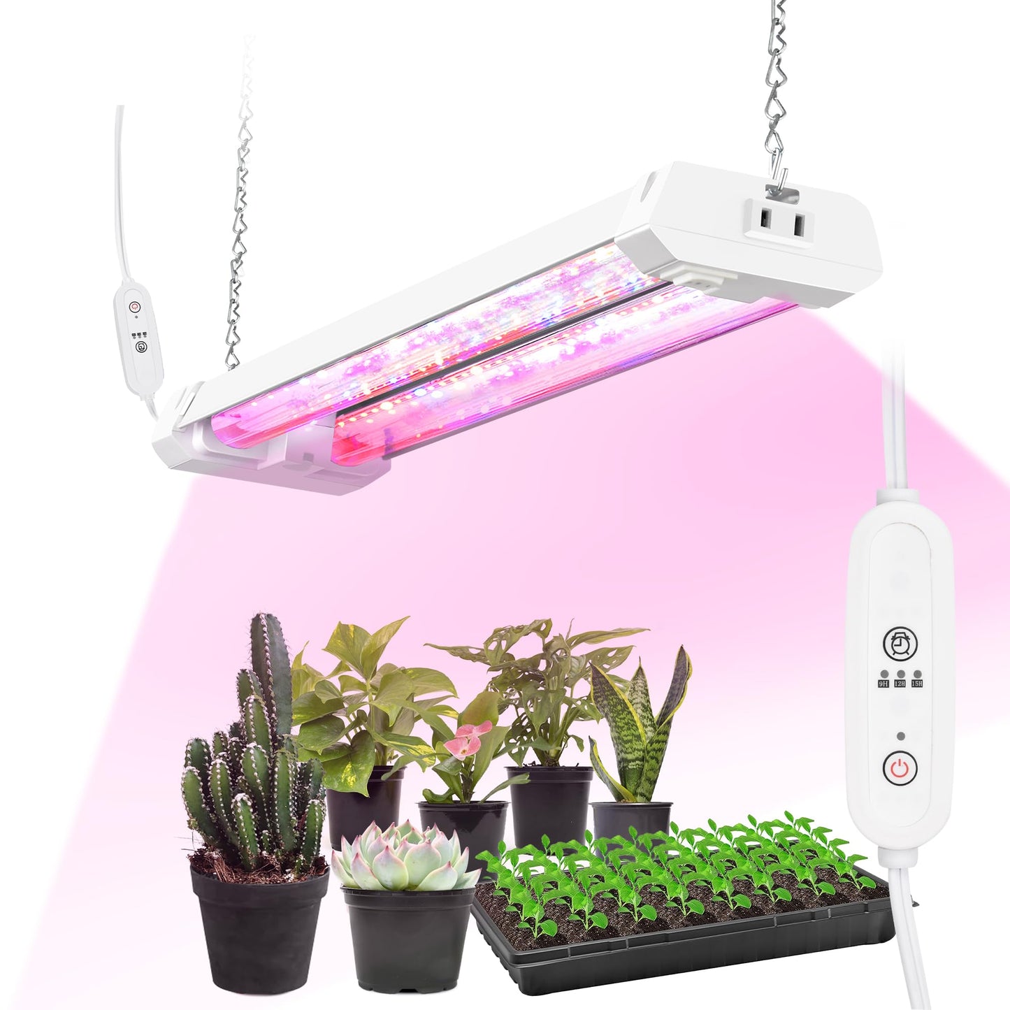 Hlite 16inch Adjustable Full Spectrum Plant Growing Lamps- Linkable Grow Lights for Indoor Plants Plug and Hanging Design with On/Off Switch Timer Hanging Grow Light from Seedling to Flowering，White