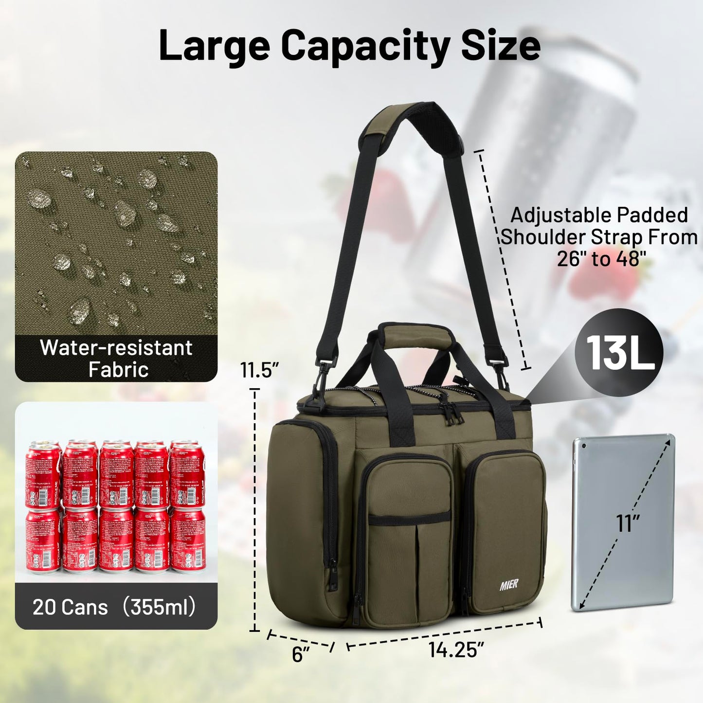 MIER Lunch Box for Men Heavy Duty Insulated Lunch Bag 20 Cans Large Leakproof Soft Cooler Bags with Multiple Pockets for Picnic Work Travel (Army Green)