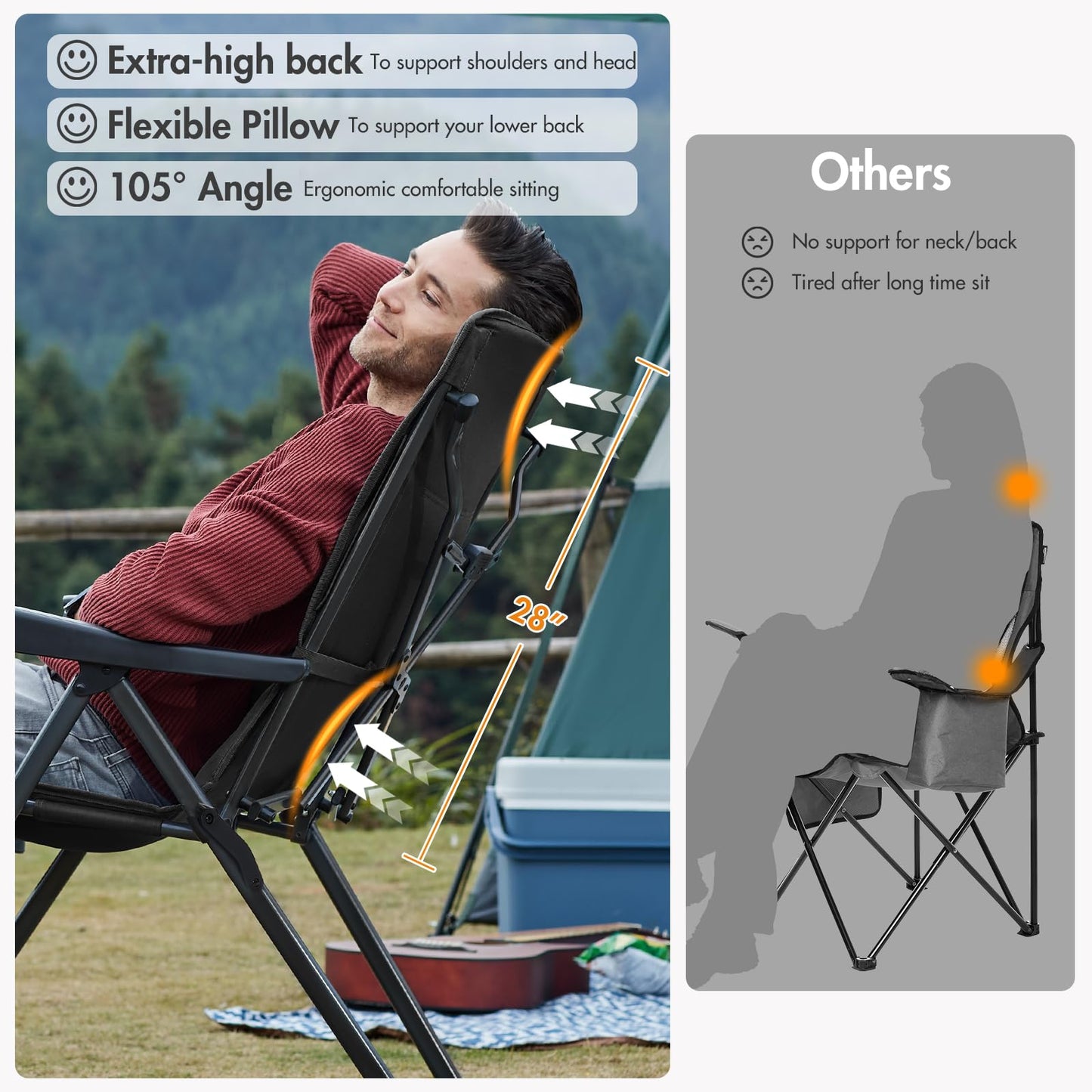 Portal Reclining Camping Chair with Adjustable Back Folding Camp Recliner for Adults Portable High Back Oversized, 350LBS (Black)