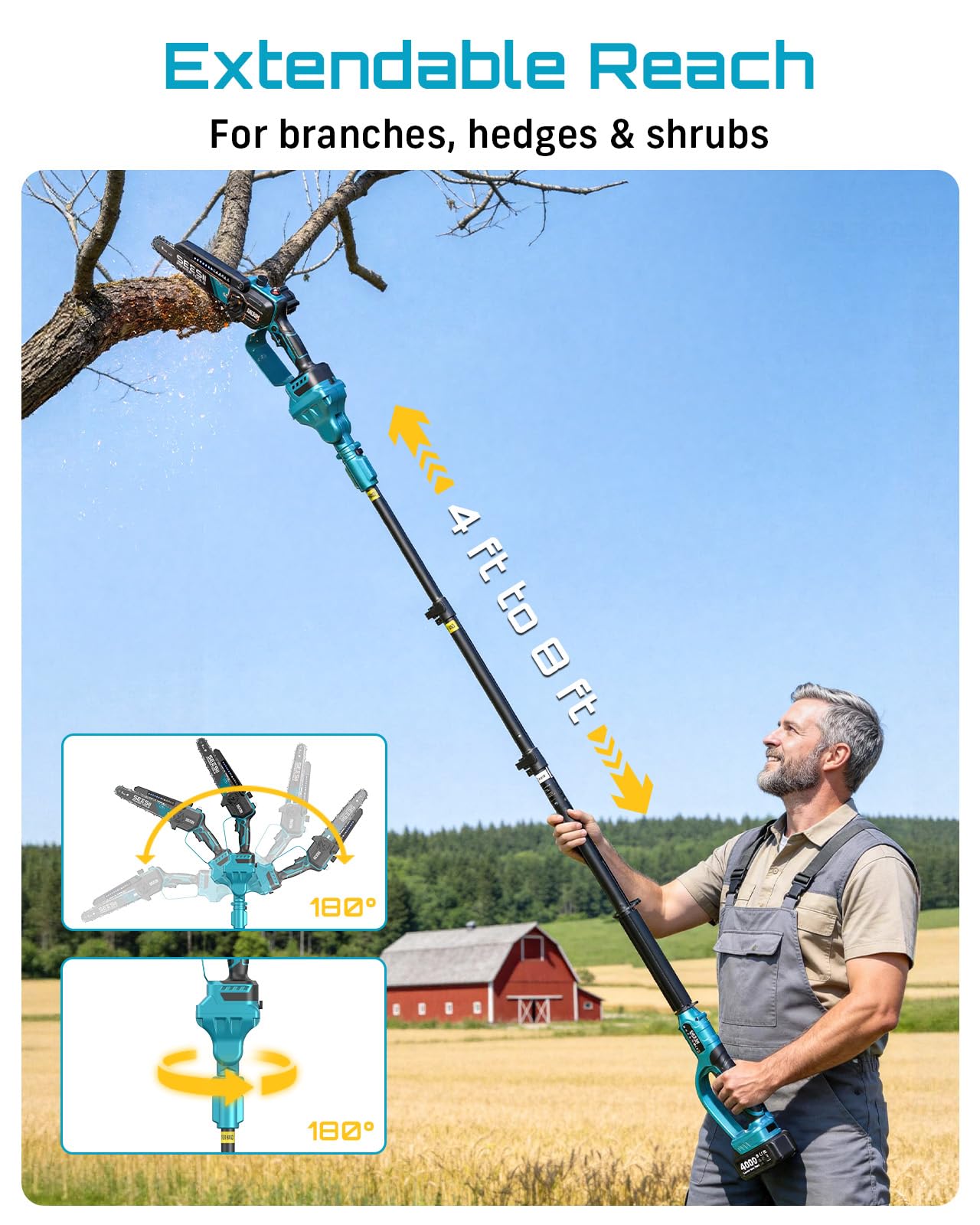 SEESII Cordless Pole Chainsaw, Hedge Trimmer, Pruning Shears, 4000mAh Battery Powered Extendable Garden Tool Kit for Outdoor Use, Electric Long Reach Saw, Hedge and Grass Trimmer, Pruner for Yard Care