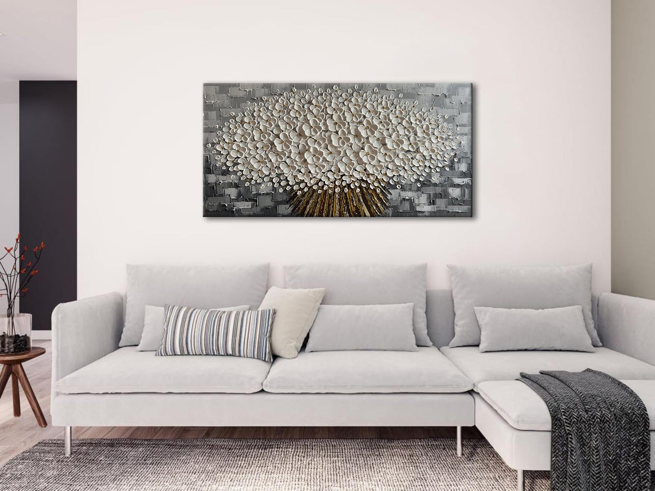 Alenoss Gray and White Abstract Floral, 3D Textured Flower Painting, Modern Living Room Wall Art, Gray Canvas Wall Decor