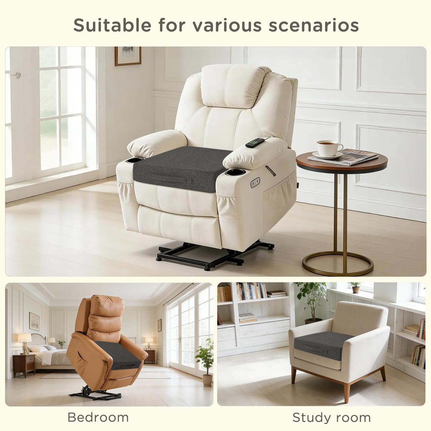 MineCozy Recliner Cushions for Elderly Square Chair Pads with Non-Slip Bottom for Couch Armchairs Booster Comfy 20"x20"x3.8" Recliner Cushion for Long Sitting with Washable Cover 1 Pack Dark Grey