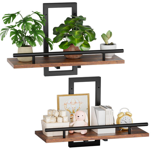 Sbosbo Floating Shelves for Wall to Hold Plants and Small Decor, 15.8 Inch Wall Mounted Shelves Set of 2, Easy to Mount Book Shelf for Bedroom, Living Room, Bathroom, Kitchen, Rustic Brown