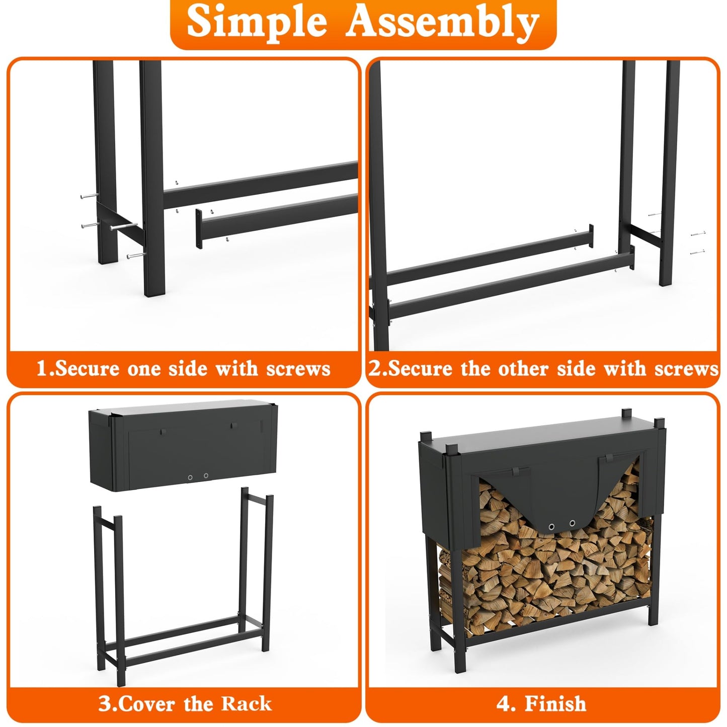 WALMANN Heavy-Duty Firewood Rack with Waterproof Cover & Firewood Carry Bag, 4 ft Outdoor Indoor Wood Log Holder for Fireplace, Patio & Porch, Sturdy Steel Fire Wood Storage Stand