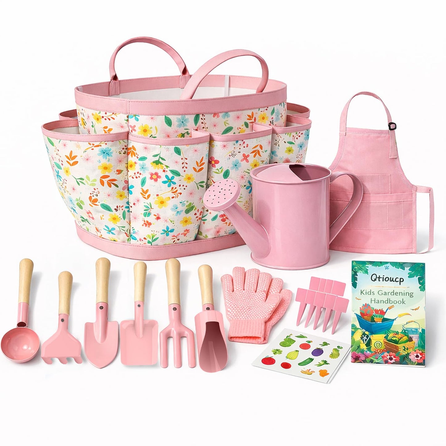 Qtioucp Kids Gardening Set 14Pcs Garden Tools with Tote Bag,Watering Can, Shovel, Apron, Garden Book and More Educational STEM Learning Outdoor for Toddlers Boys Girls (Floral)