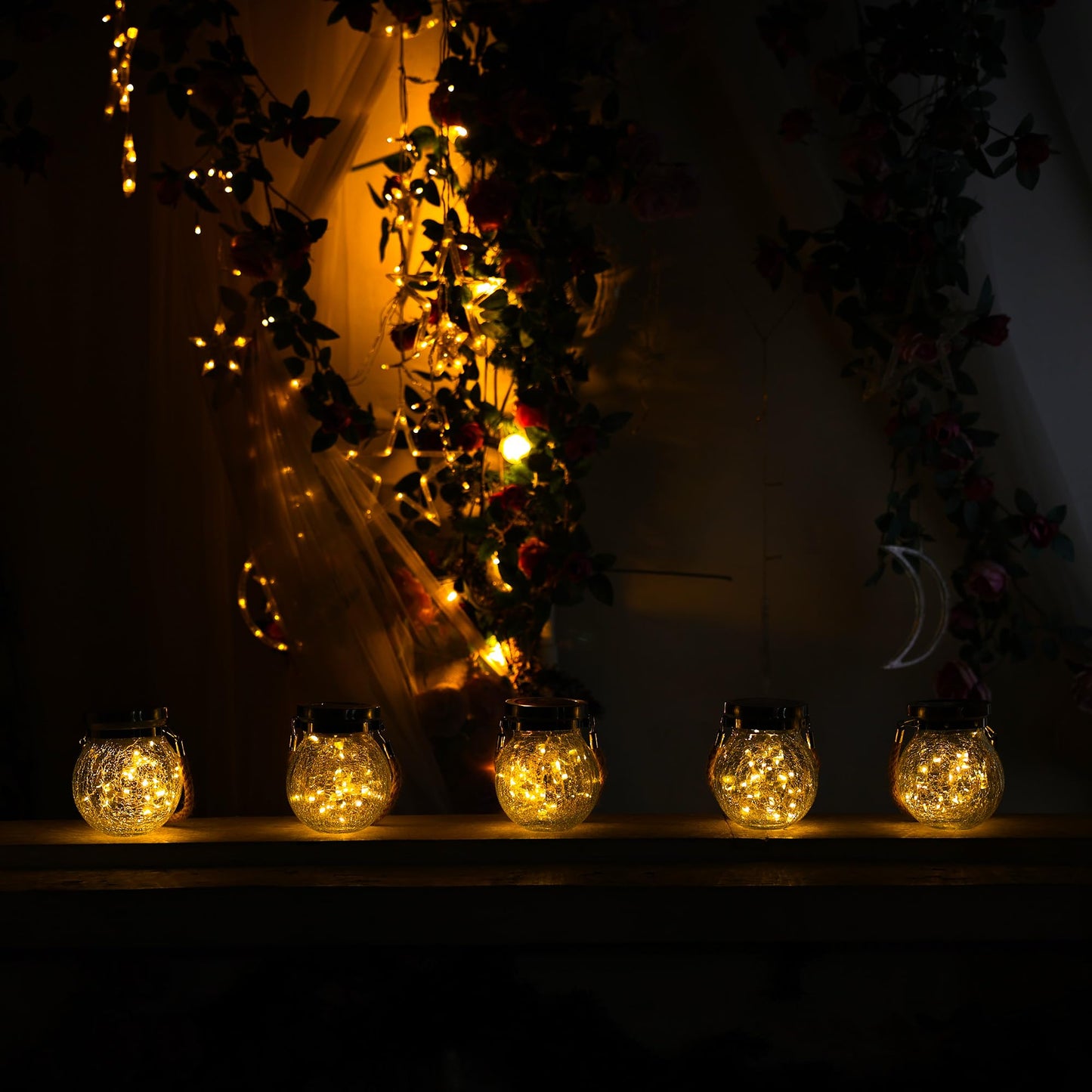 Cooo 6 Pack Gifts for Him Her Solar Lanterns Outdoor Waterproof Heavy Crackle Glass 30 LED Warm Firefly Lights Solar for Women Mom Grandma Outdoor Table Lamps Garden Yard Decor