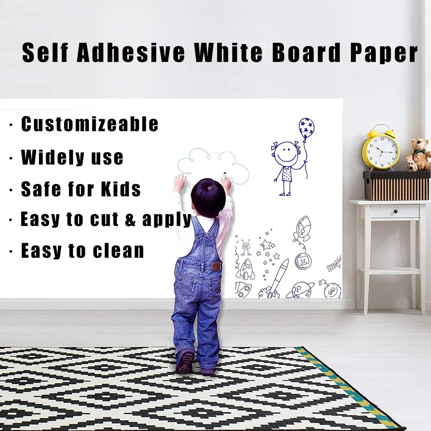 Self Adhesive White Board Paper - Dry Erase Wall Stickers Roll 17.7" x 78.7" (6.5 Feet) Message Board Wallpaper Decal for School/Office/Home/Kid/Art/Decorations, Safe for Adults & Kids with 4 Markers