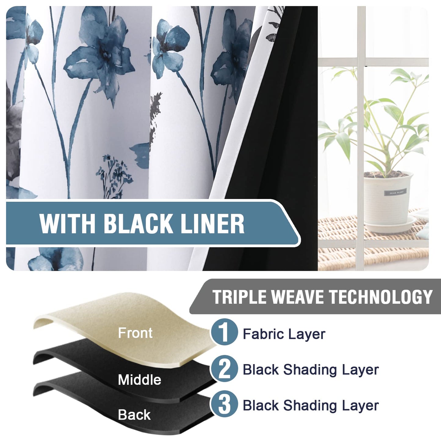 H.VERSAILTEX 100% Blackout Curtains 84 inch Length 2 Panels Set Cattleya Floral Printed Drapes Leah Floral Thermal Curtains for Bedroom with Black Liner Sound Proof Curtains, Grey and Blue