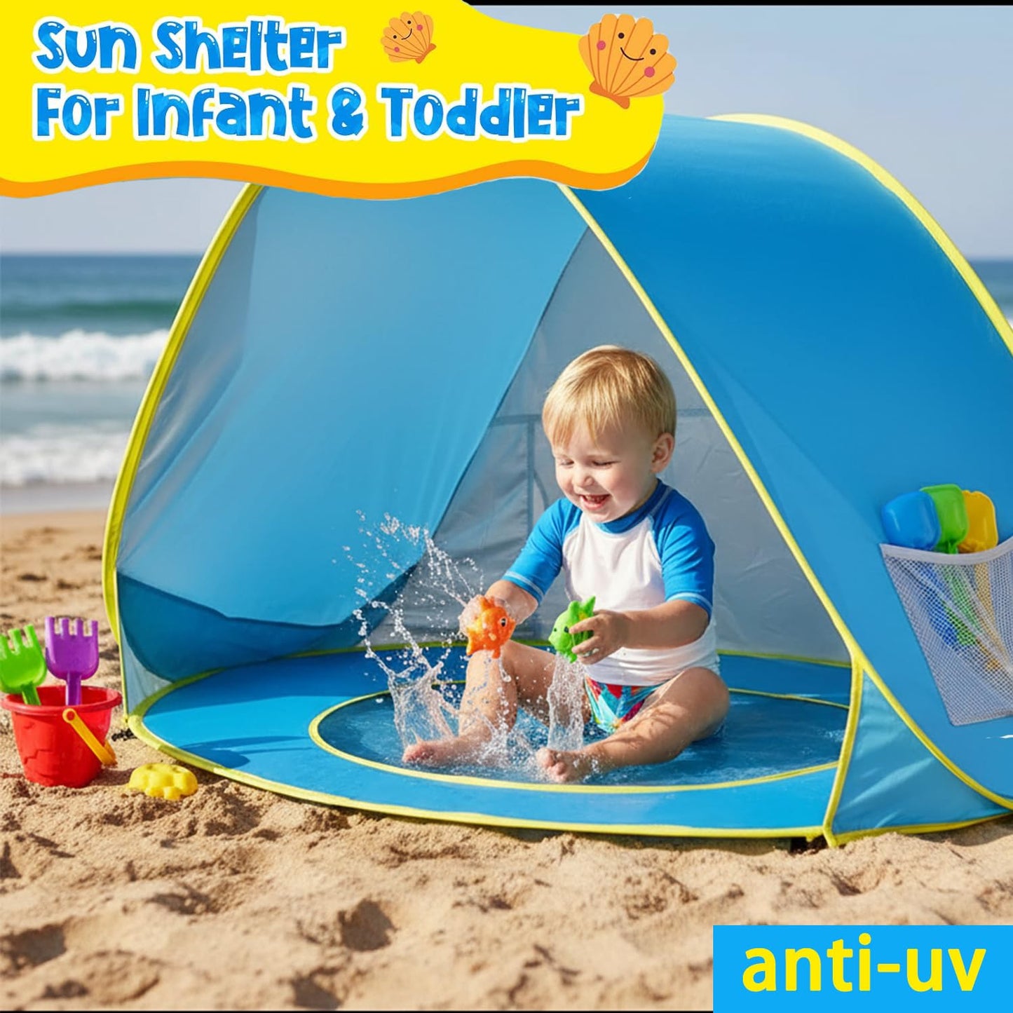 Baby Beach Tent with Pool, Pop Up Beach Tent Sun Shade for Infant Toddlers, Portable UV Protection Shade with Carry Bag for Outdoor Travel, Camping