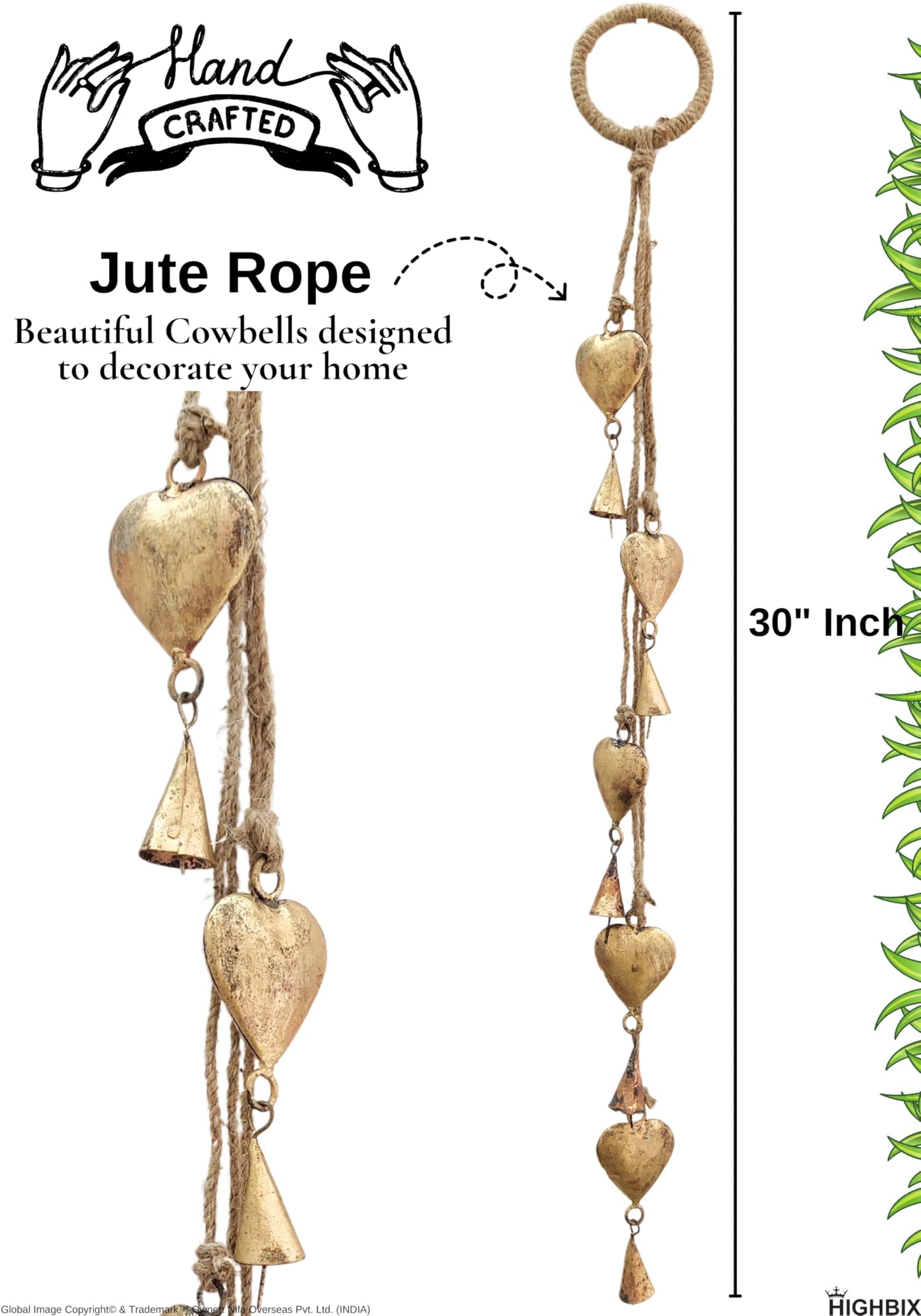 HIGHBIX Shabby Chic Hanging Bells Cluster – Rustic Handmade Metal Bell Décor for Wall, Door, Garden, or Festive Decoration (1, Heart Cone)