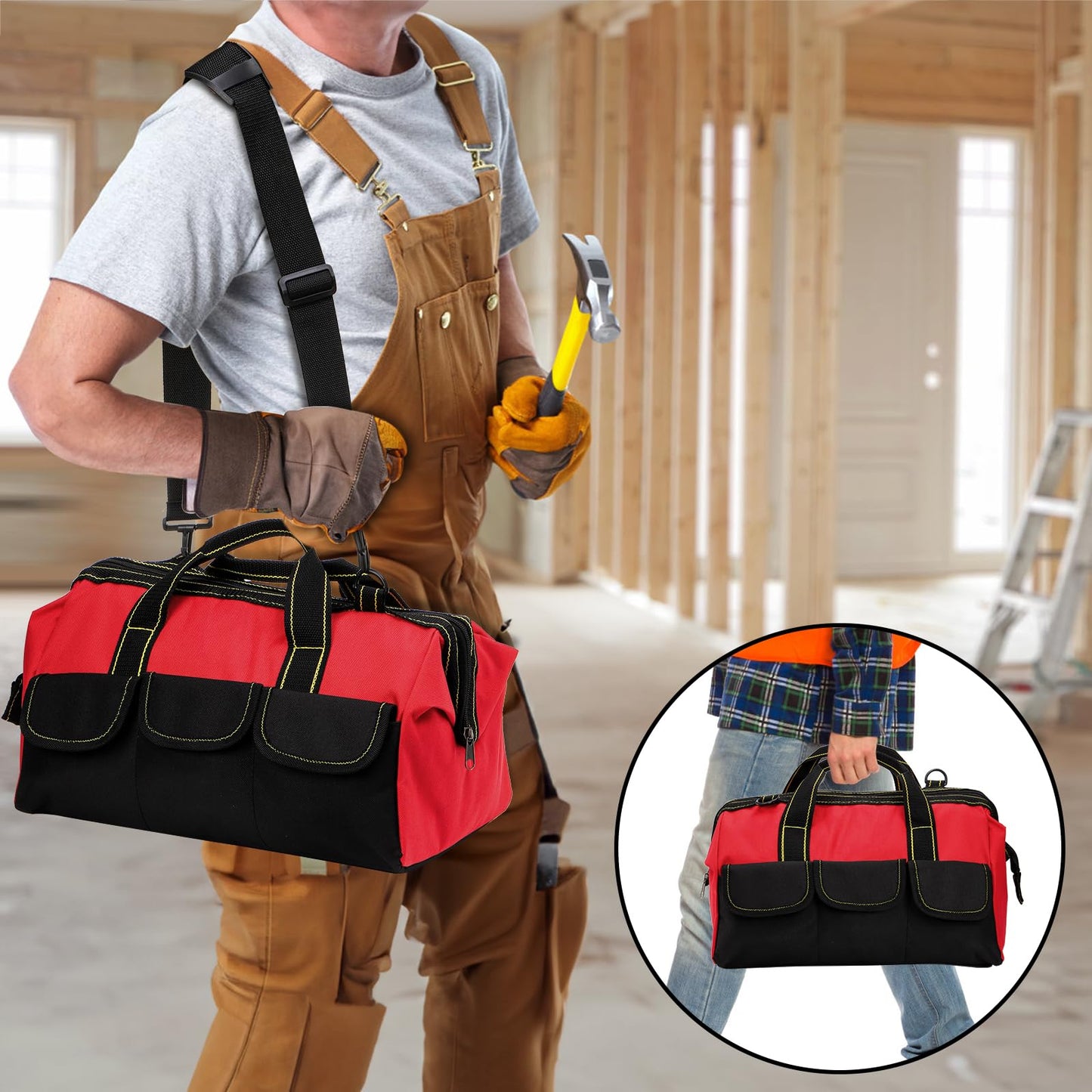 Hiceeden 16 Inch Wide Mouth Tool Bag, Collapsible Tool Tote with Waterproof Coating and Adjustable Strap, Portable Electrician Tool Organizer Handbag with 5 Outside Pockets, Red