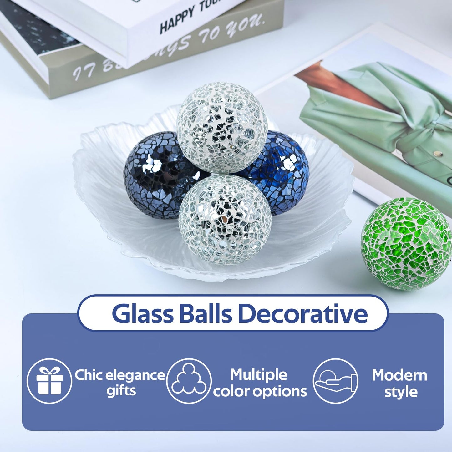 Yazikisa 2.5 Inch Glass Balls Decorative for Bowl Blue 6 PCS Mosaic Crack Orbs Set Solid Round Sphere Globe Vases Filler Coffee Table Holiday Ornaments Mantle Decor Modern