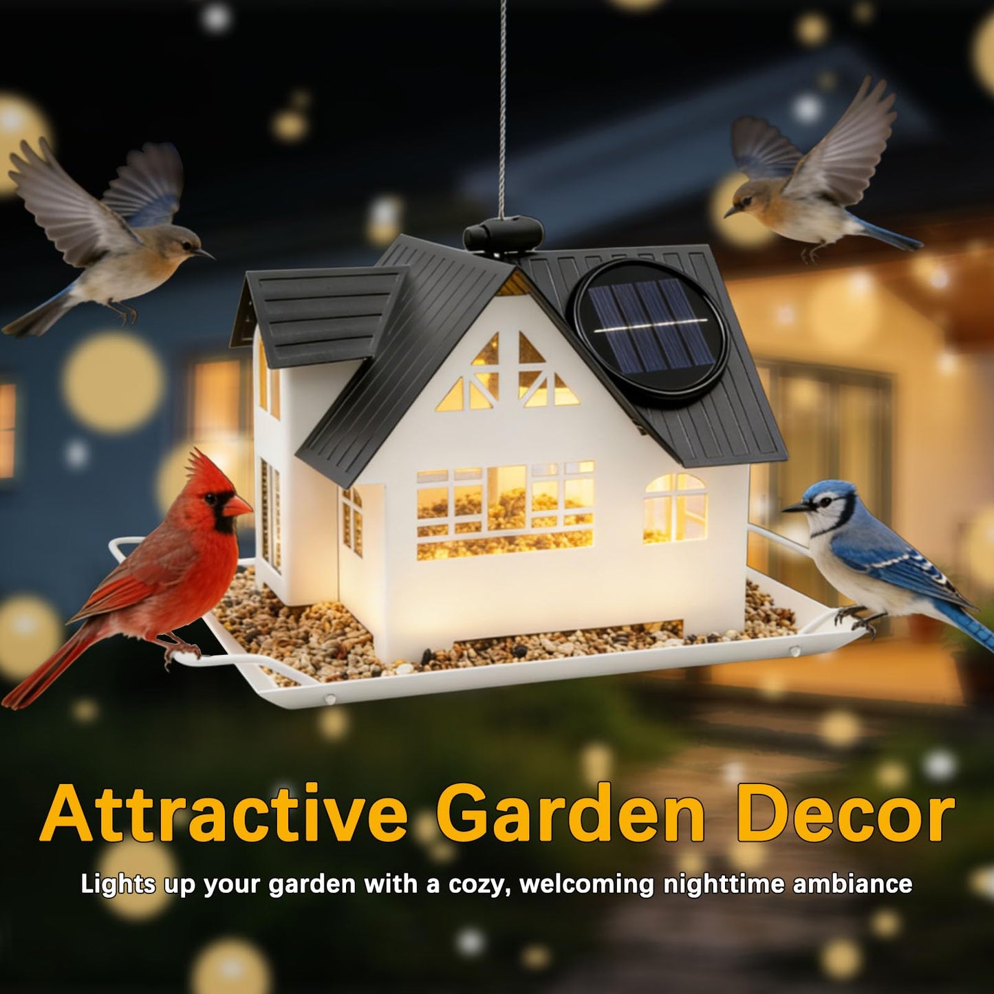 Solar Bird Feeders for Outdoors Hanging, Heavy-Duty Metal Birdfeeders Outside Hanging with Solar Lights, Wild Bird Feeders for Garden Decor, Unique Gifts for Bird Lovers, Mom and Grandma