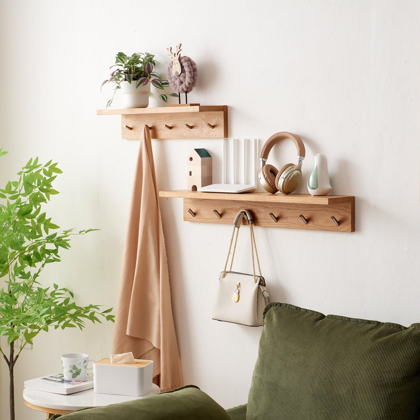Oak Wood Wall Shelf with 6 Hooks, Entryway Shelf Coat Rack with Hooks Floating Shelves with Hooks for Clothes Hats Towel Purse Robes, Bathroom Mudroom Bedroom (27.5 inch)