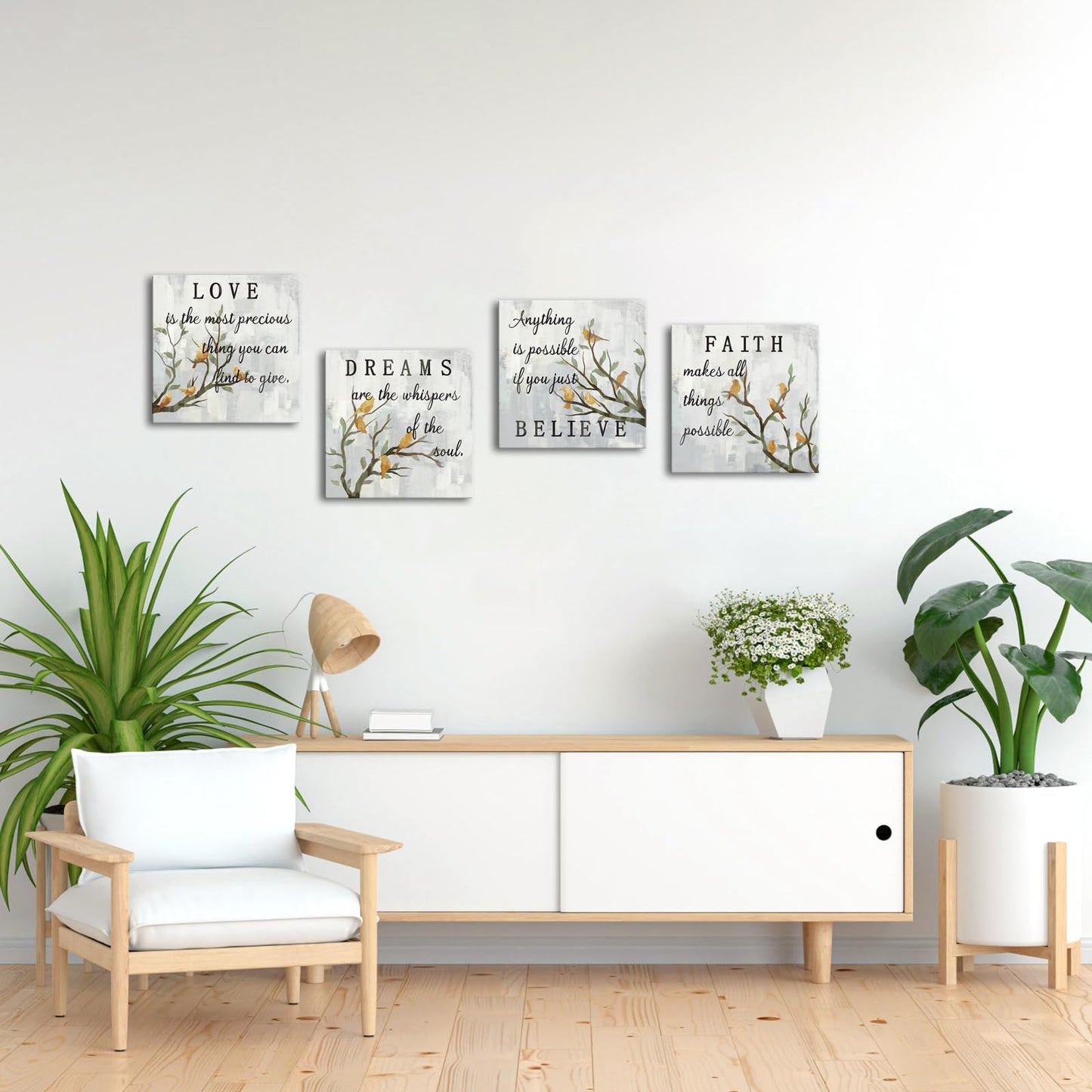 iKNOW FOTO Inspirational Wall Art Canvas Set of 4 Grey Canvas Print Faith Love Dreams Believe Calligraphy Canvas Quotes Motivational Posters for Home Office Decor Each Panel 16x16 Inches (Medium)