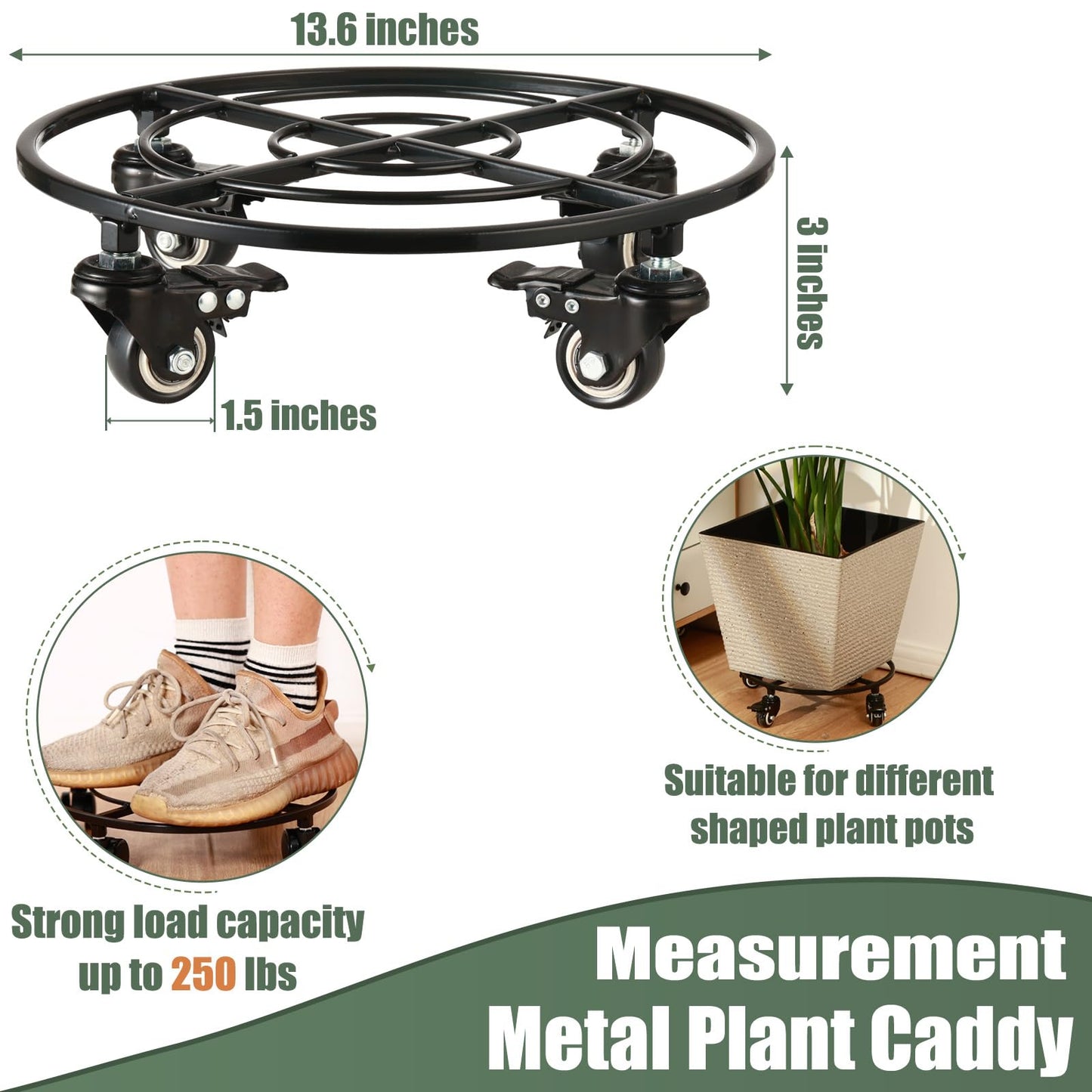 KvyusFlourish 3 Packs Large Metal Plant Caddy with Wheels 13.6" Rolling Plant Stands Heavy-Duty Wrought Iron Plant Dolly Plant Rollers Planter Mover with Casters