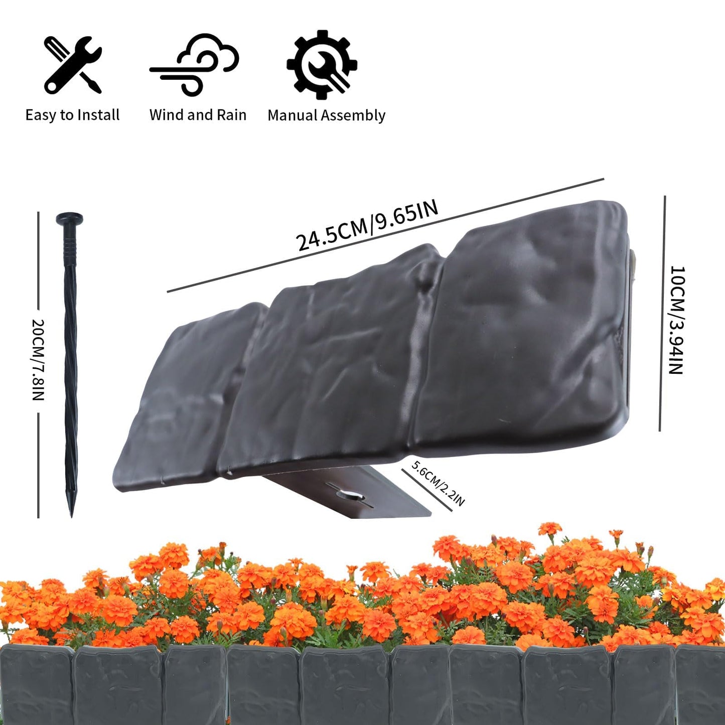 Garden Edging Border, 16FT Landscape Edging Borders for Flower Beds, Imitation Stone Effect Garden Lawn Border Faux Stone Landscape Edging and Plastic No Dig (20Pcs, Black)