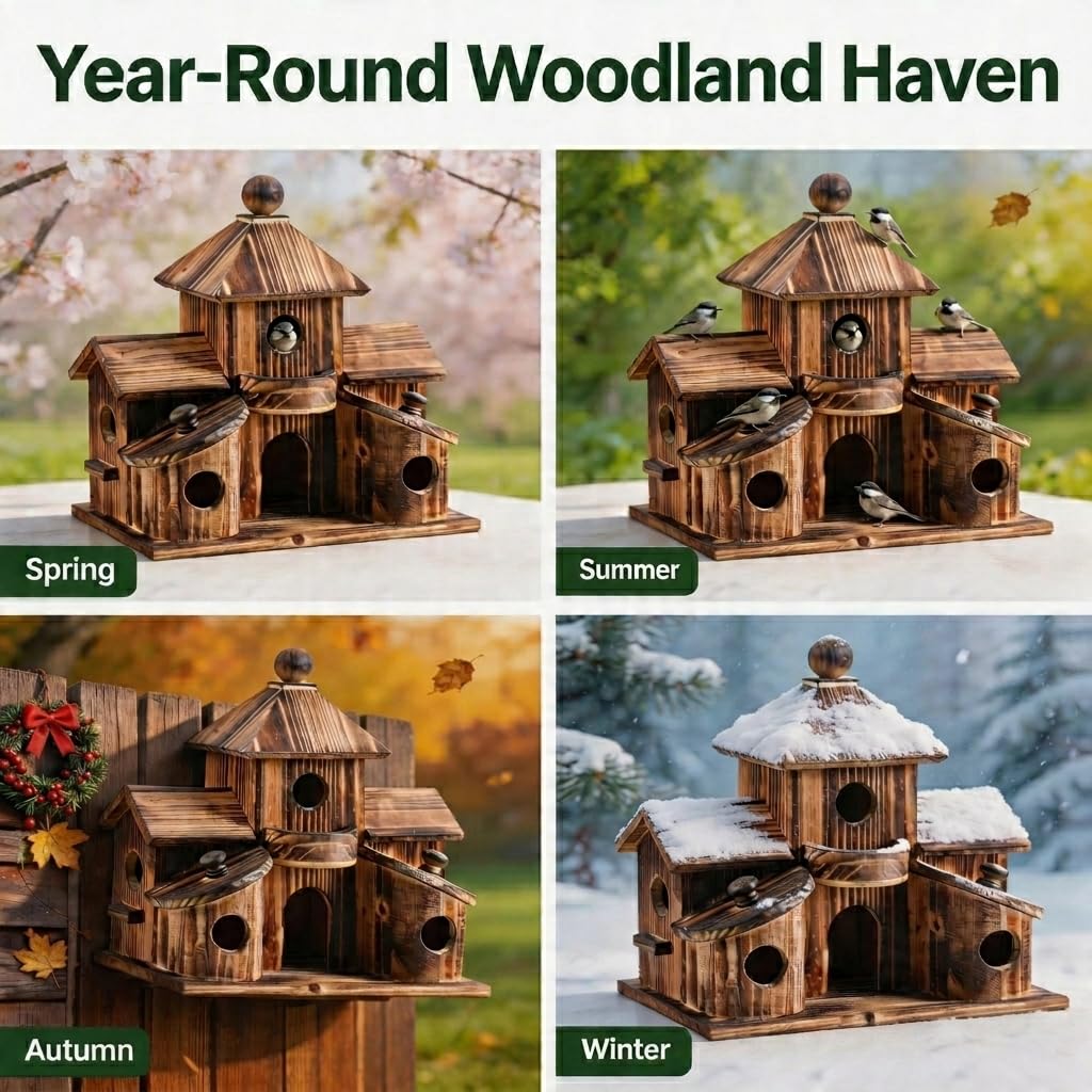 Bird Houses for Outside, Wooden 6 Hole Bird House Room for Multiple Birds, Outdoors Hanging Birdhouse Nesting Box for Garden, Bird Hotel for Wren Chickadee Sparrow