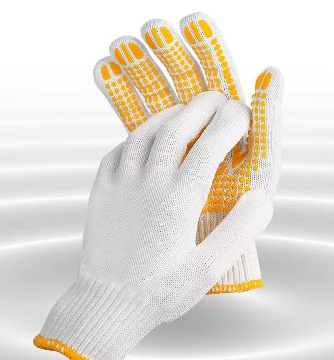 Safety Work Gloves with Anti-slip Dots 12 Pairs White Polyester Knitted Gloves for Garage Warehouse Painter Mechanic Industrial Gardening Construction (Yellow)
