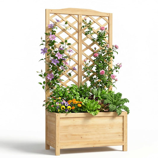 UrGROWA Wooden Raised Garden Bed with Trellis, Freestanding Planter Box with Drainage for Vines Climbing Plants Flowers Herbs, Elevated Gardening Planter for Backyard Balcony Patio