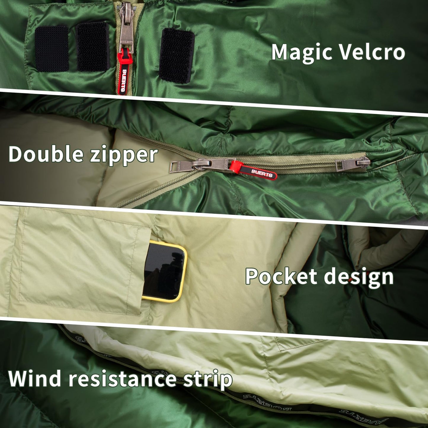 BUERTS Down Sleeping Bag for Adult Backpacking Trips, 620FP, Cold Weather Sleeping Bag, 20°F, 40°F, 60°F. Mummy-Style for Hiking, Camping, and Mountaineering. Compact .(44℉ to 60℉, Green)
