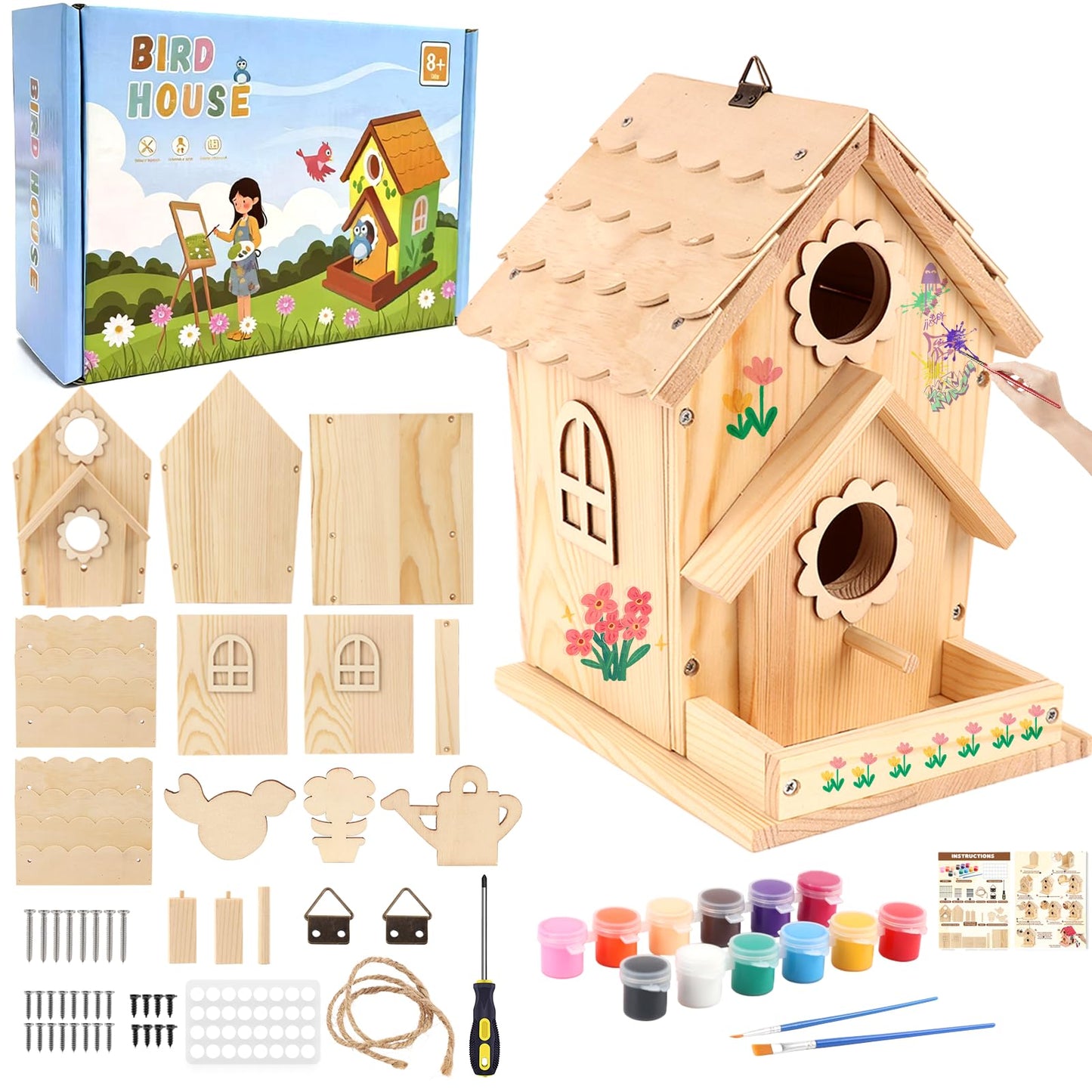 DIY Birdhouse Kit for Kids and Adults - Wooden Bird House Kit with Paint, Brushes, Glue, and Hanging Twine for a Hanging Birdhouse - Ideal Gift for Garden and Courtyard Outdoor Decor
