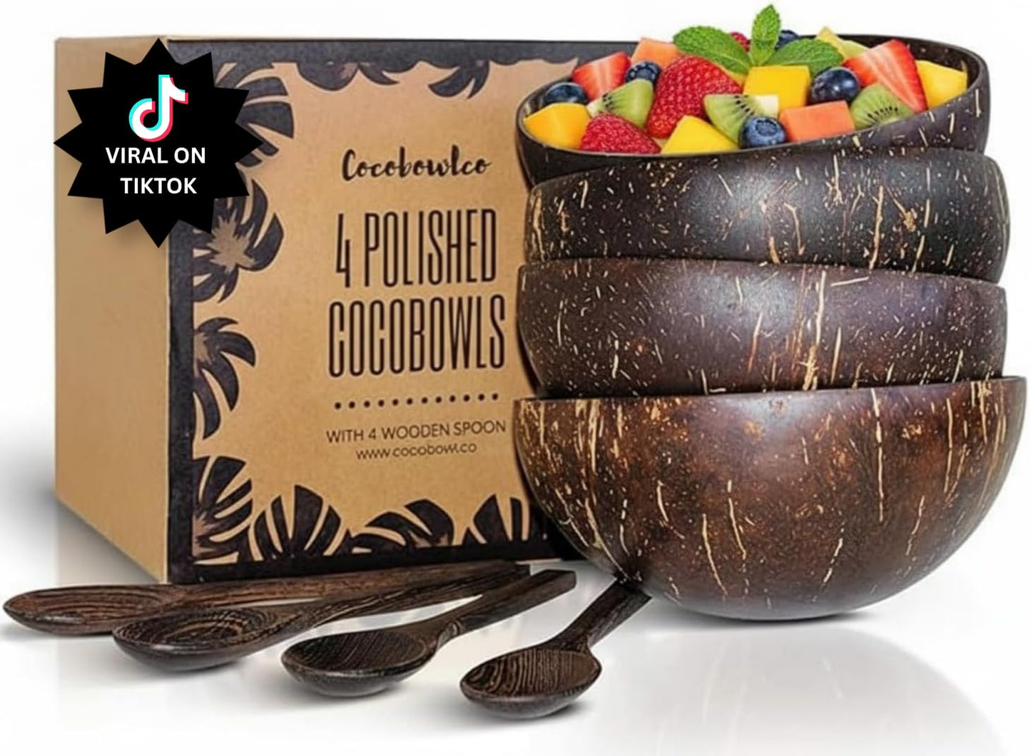 COCOBOWLCO Coconut Bowl Set with Wooden Spoons – Handcrafted Eco-Friendly Acai Bowls, Yogurt Bowls & Smoothie Bowls – Ideal for Ninja Creami, Cereal & Snacks (4, Polished)