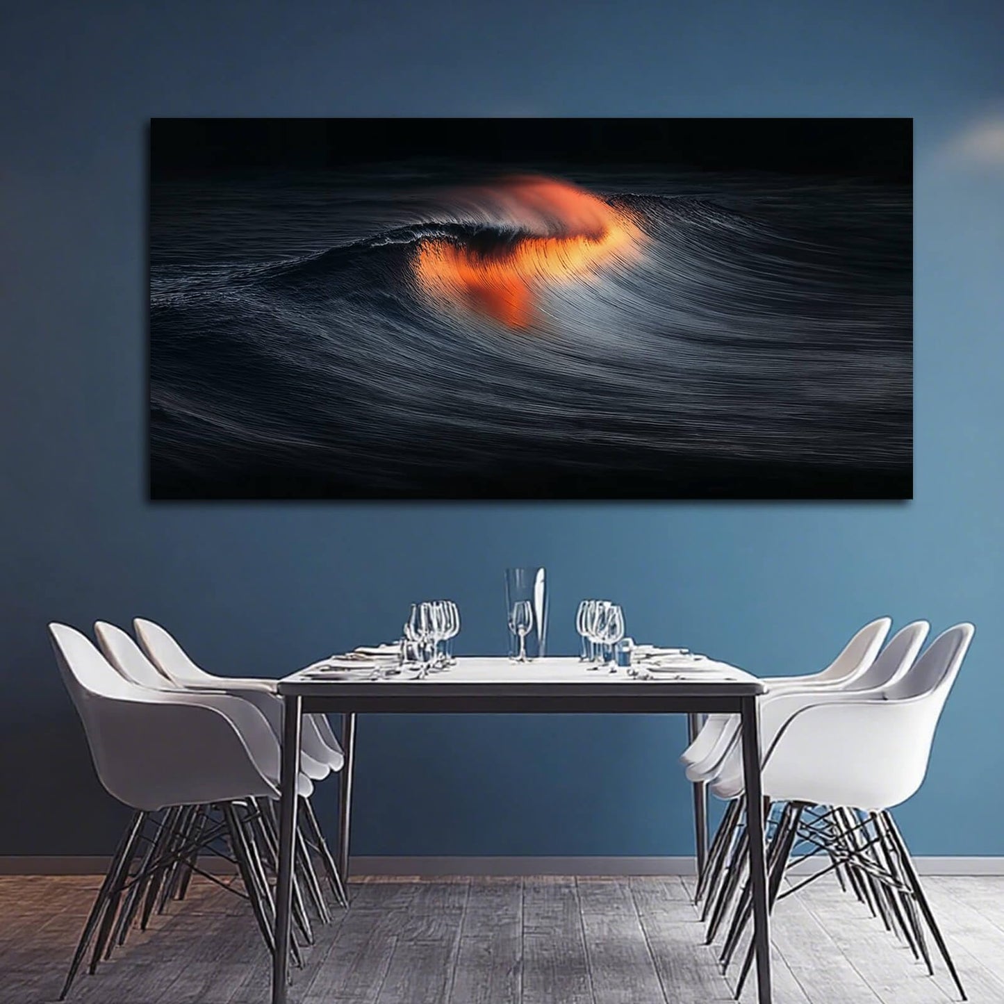 YETHEN WAL Dark Ocean Wave Wall Art Sunset Fire Canvas Prints Abstract Seascape Artwork for Living Room Bedroom Office Decor 24x48 Inch