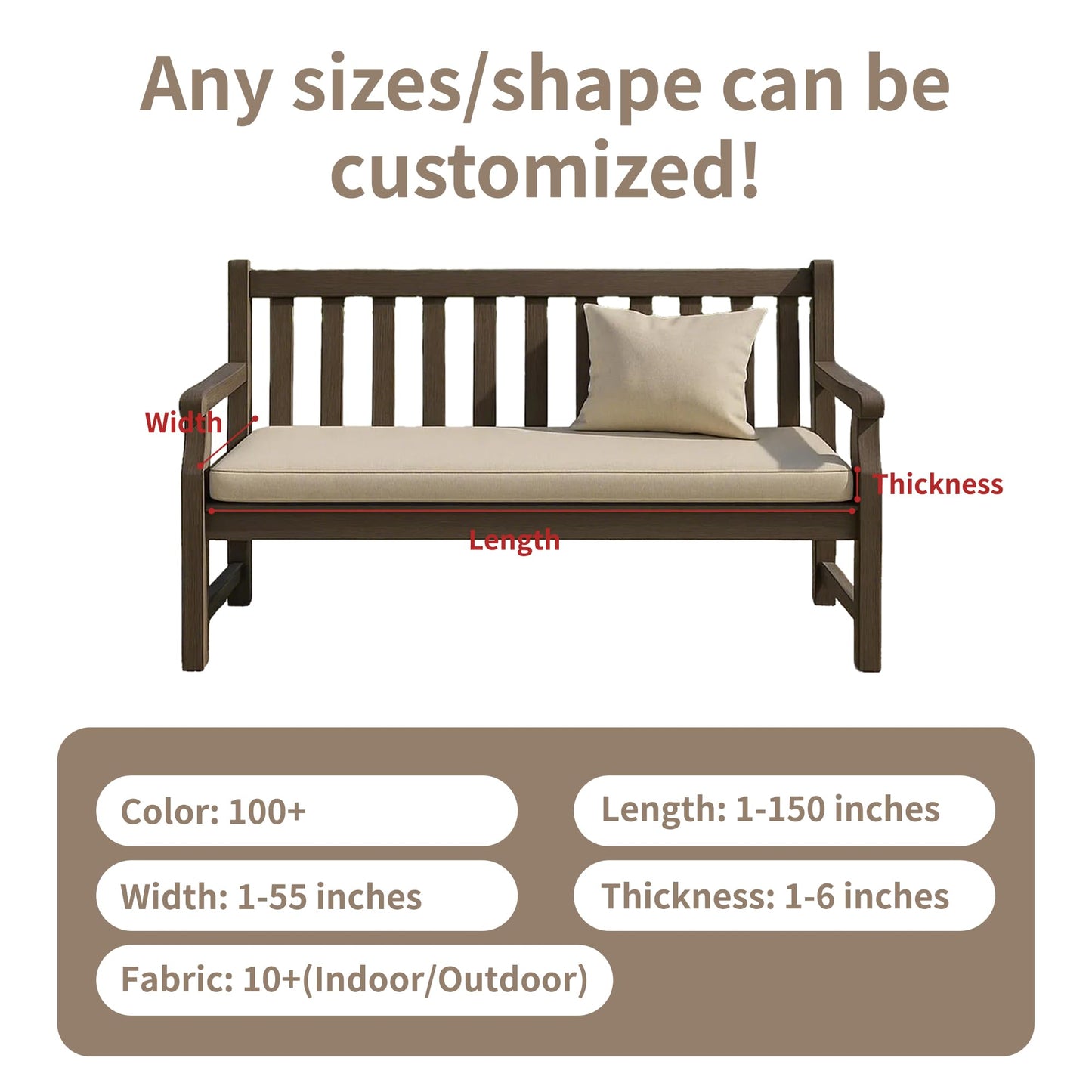 Waterproof Custom Size Bench Cushions for Indoor Outdoor Furniture, Bay Window Seat Cushions Indoor, Custom Cushions for Breakfast/Reading Bench Nook/Dining Entryway Mudroom Bench, Anti-Slip/Scratch