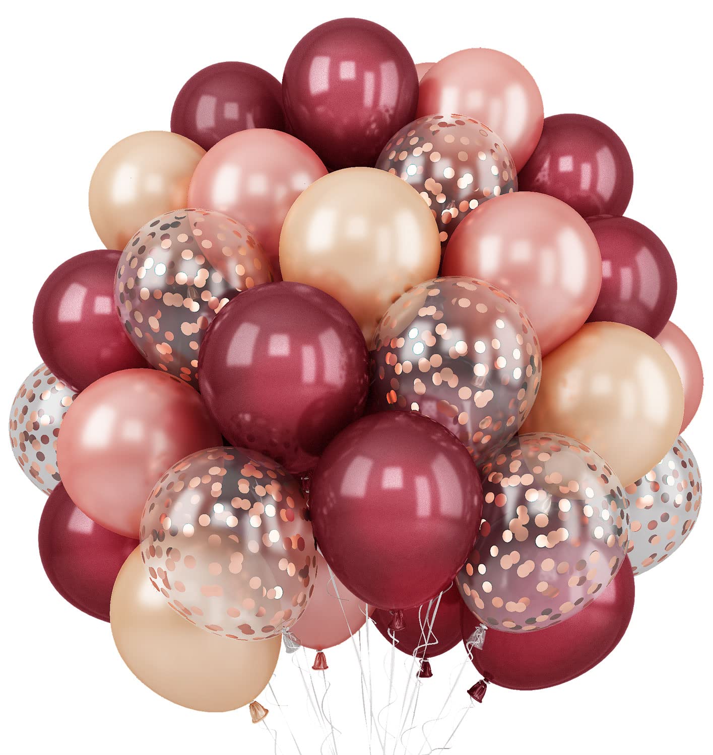 Balloons Burgundy Rose Gold, 60 Packs 12 Inches Wine Red Champagne Latex Balloon Rose Gold Confetti Balloons for Women Girls Birthday Wedding Bridal Shower Party Anniversary Decoration