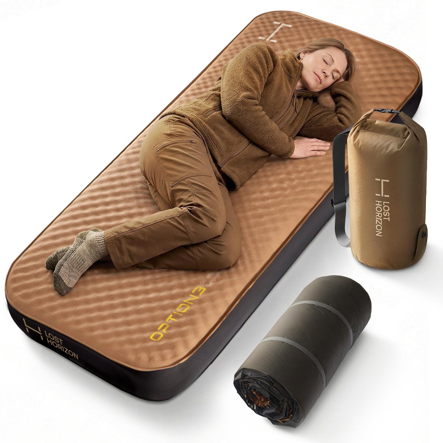 LOSTHORIZON Air & Foam Camping Mattress, Self-Inflating Sleeping Pad, 3" Thick, with Pump Sack, Slim Single