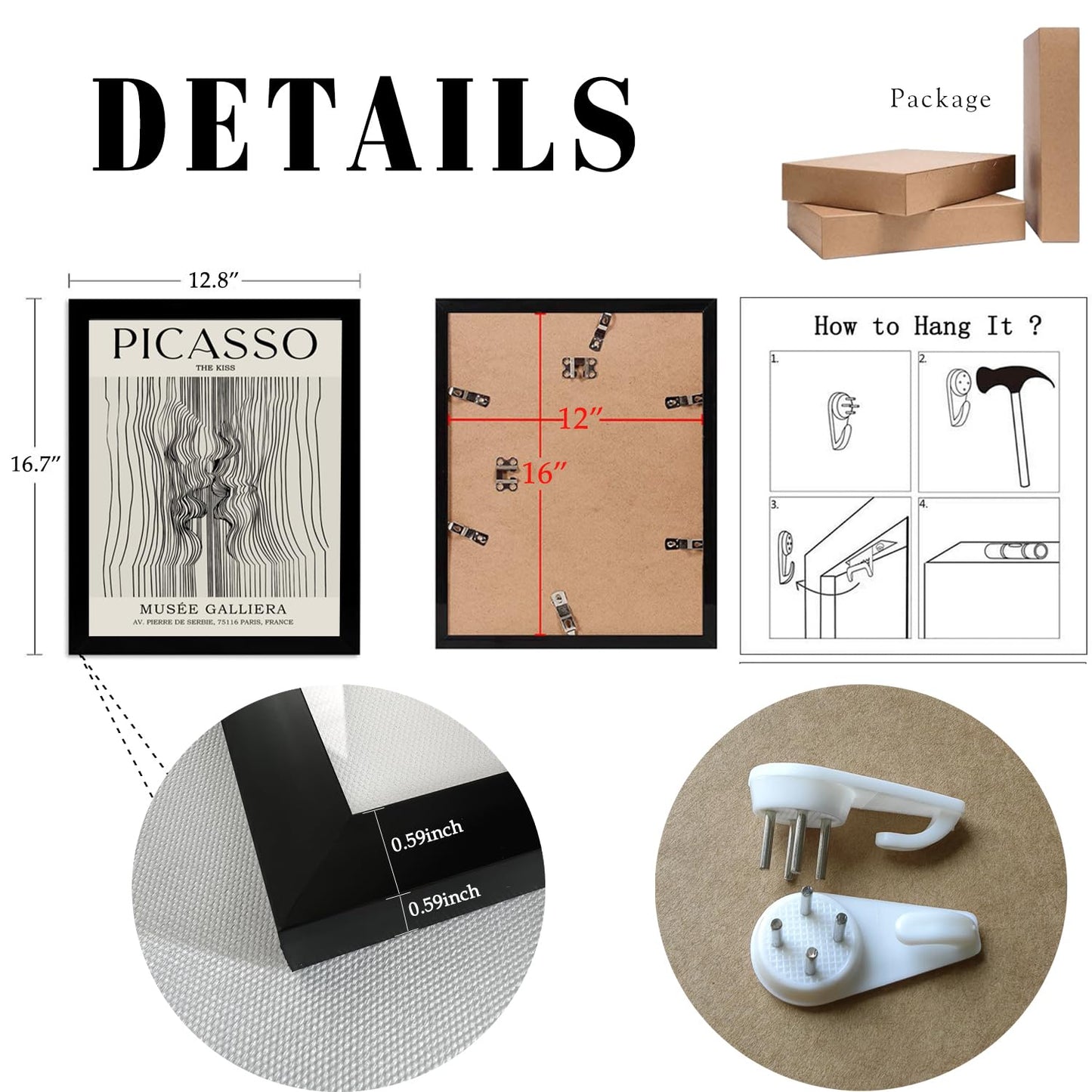 Framed Picasso Abstract Female Line Wall Art Prints Set of 3 Picasso The Kiss, The Love, The Hug Poster Set Mid Century Modern Minimalism Canvas Paintings Gallery Exhibition Prints with Black Frame