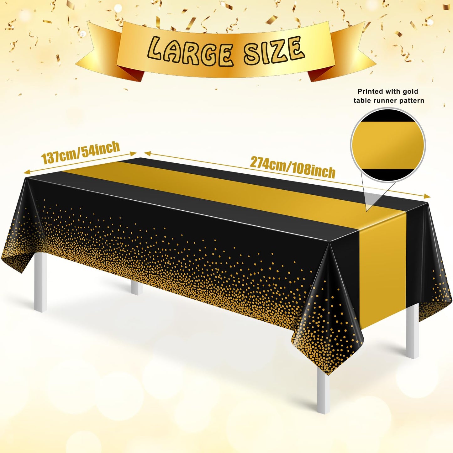 3Pcs Black and Gold Tablecloth Party Decorations,Plastic Black Table Cloth Printed Gold Table Runner Disposable Rectangle Tables Cover for Birthday Retirement Anniversary Graduation Party,54 x108 Inch
