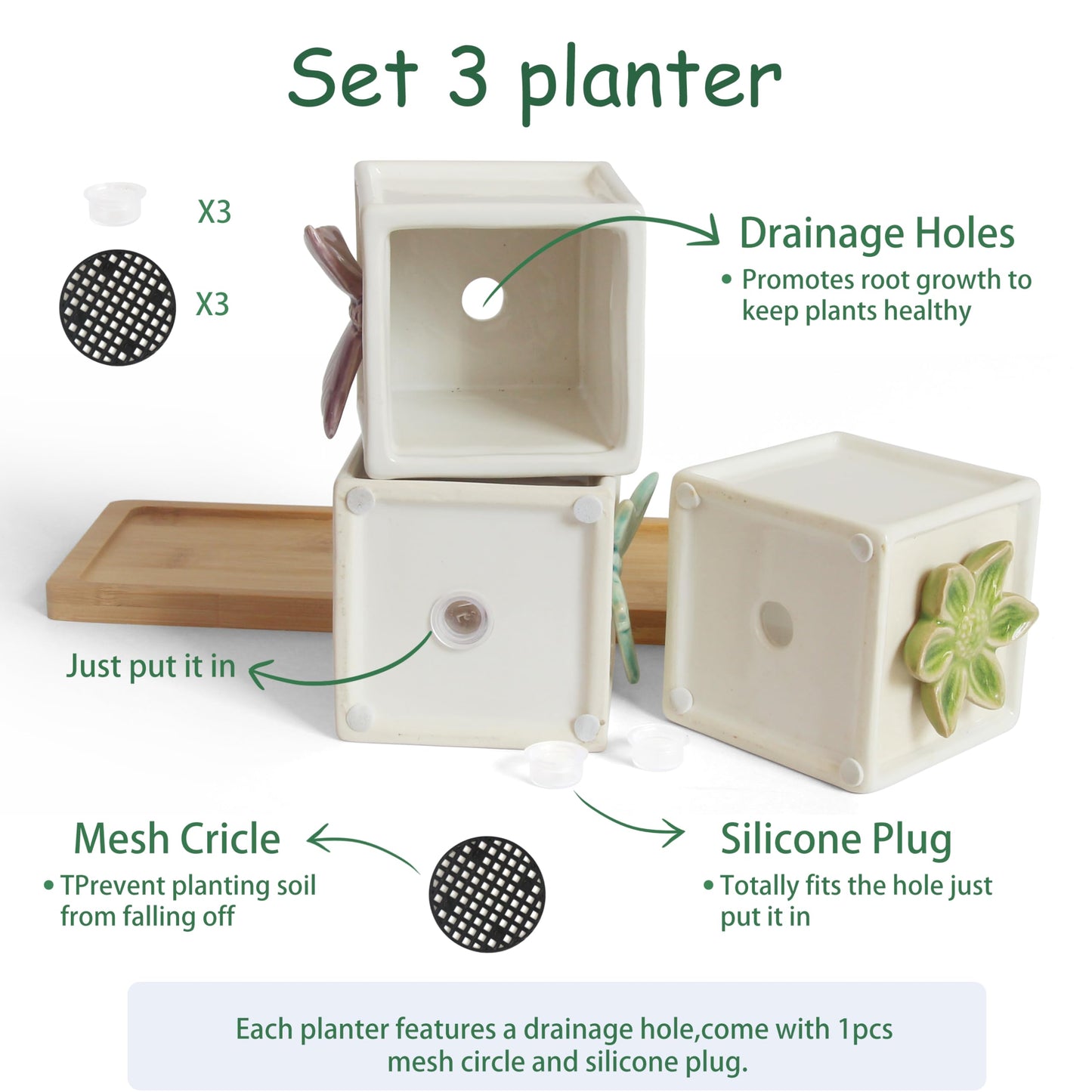 Gnliny 3.1 Inch Ceramic Succulent Pots with Bamboo Tray - 3Pcs Square Planters with Drainage Holes, 3D Butterfly & Flower Design for Indoor Plants, Desk Organizer for Home Office