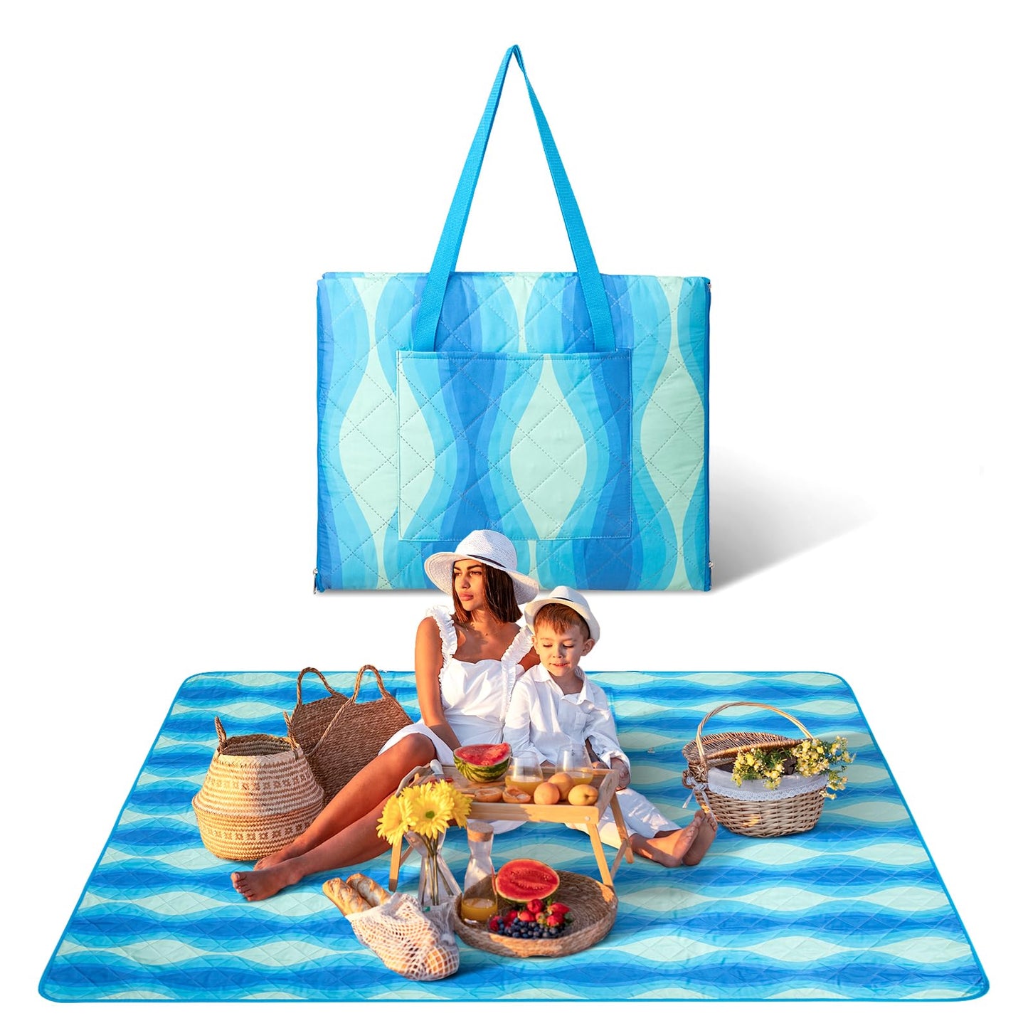#WEJOY 3 in 1 Beach Blanket Waterproof Sandproof, Padded 3 Layers Outdoor Picnic Blanket Bag, 80x60'', 4 Person, Easy to Fold, Waterproof for Lawn,Camping, Park (Blue)