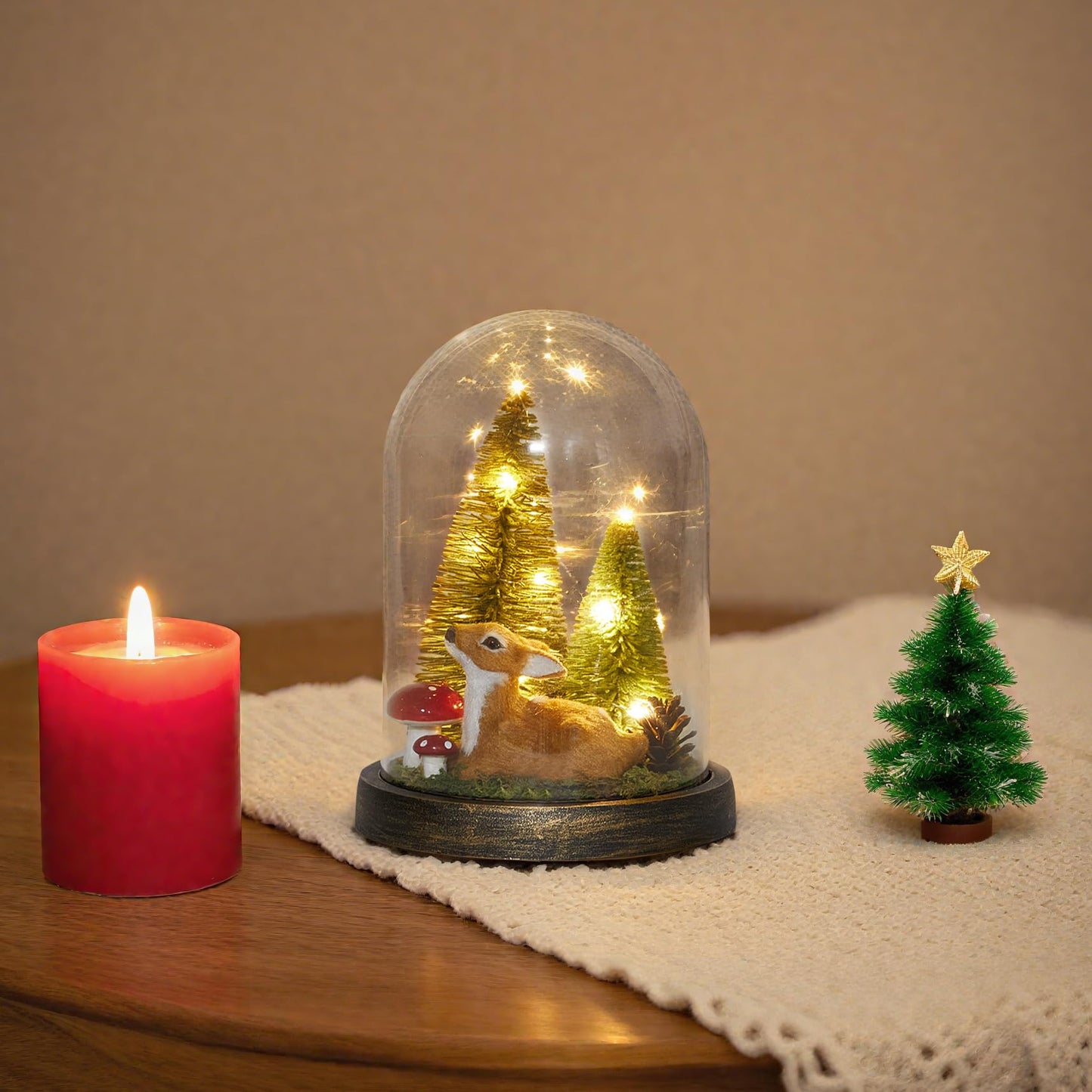 SunArtHome Christmas Decorations Indoor, Light Up Christmas Decor, Christmas Tree, Deer, Mushroom in Plastic Dome Cloche, Miniature Decor for Holiday Party Family Table Decoration
