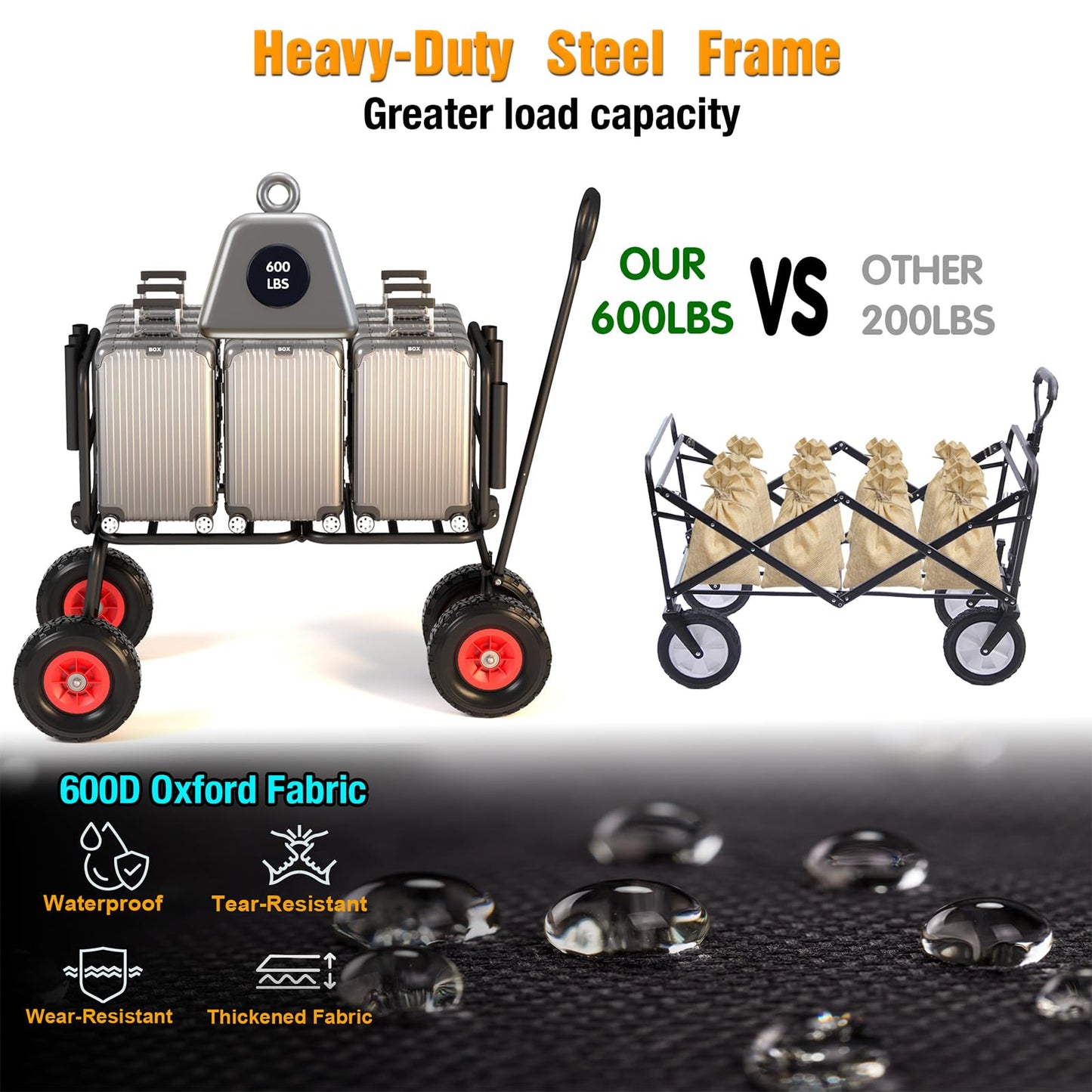 3 in 1 Beach Fishing Cart, Heavy Duty Garden Carts w/All Terrain Inflatable Tires, Folding Wagon Cart, Convert to Chair or Bench with Cushion, Rod Holders and Durable Oxford Bag