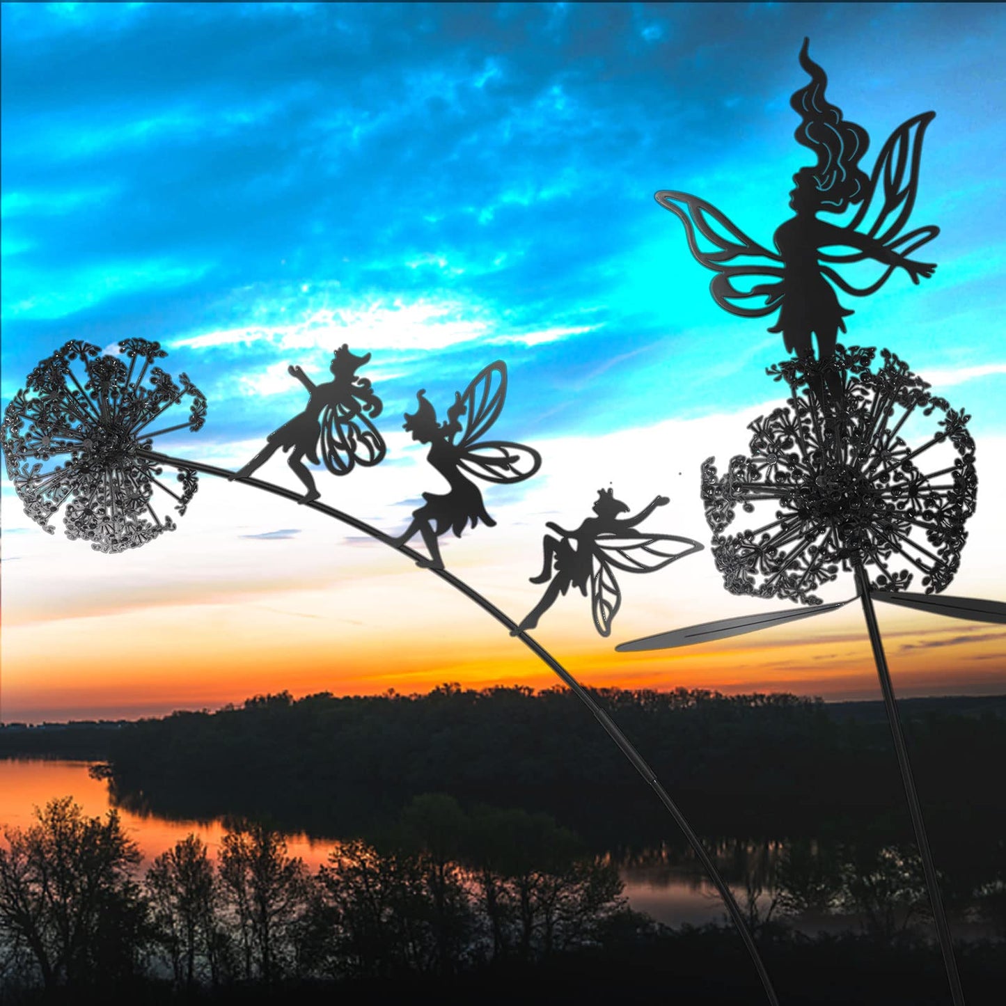 2 Pcs Dancing Fairy Dandelion Garden Sculptures Metal Art Outdoor Ornaments Whimsical Flower Fairy Silhouette Statues for Yard Lawn Patio Landscape Decor Adding Enchanting Magic to Outdoor Space