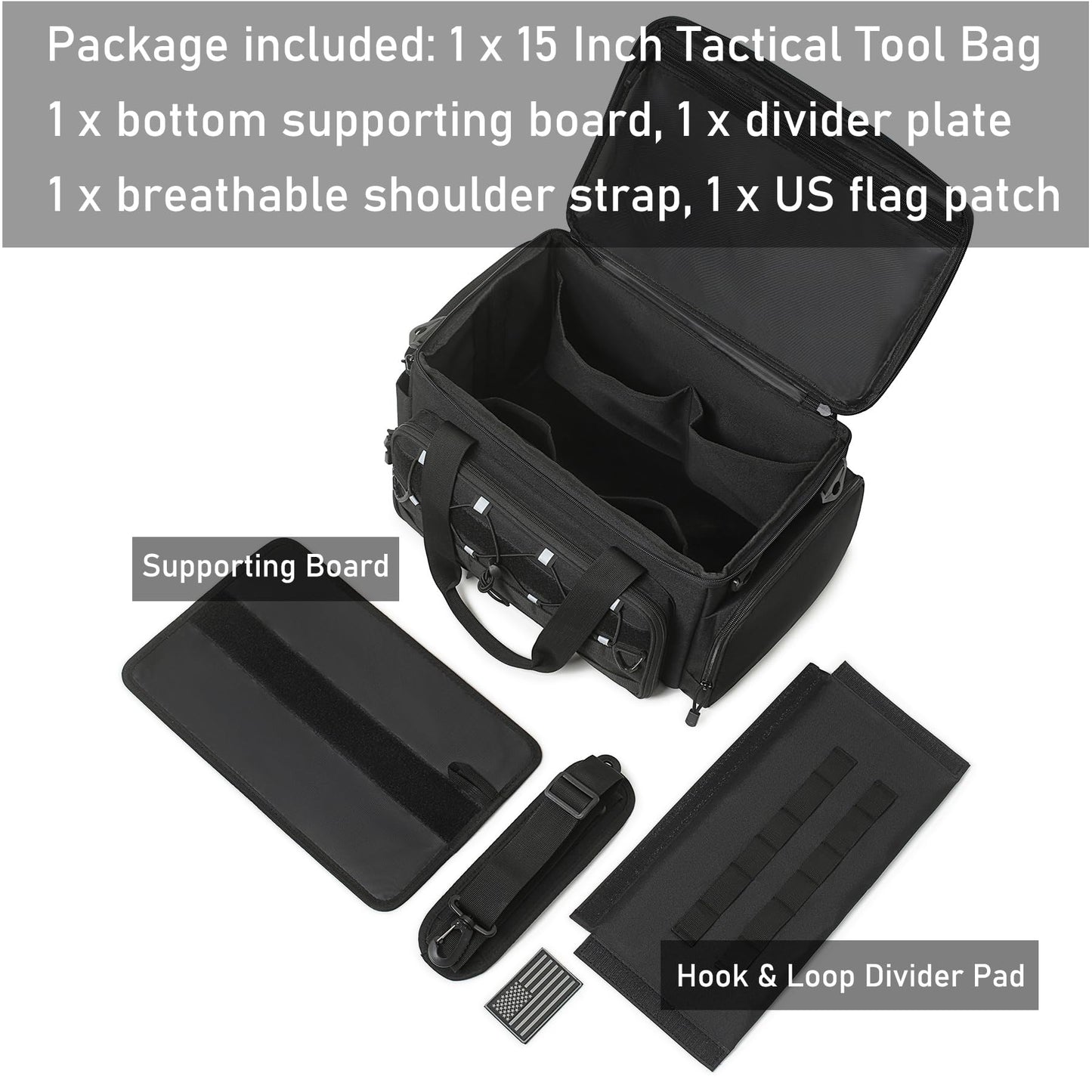 15-Inch Tool Bag Multi-purpose Tool Organizer Bag For Men with Shoulder Strap, Tactical Range Bag Work Tote for Repairman, Carpenters, Handymen (Black)